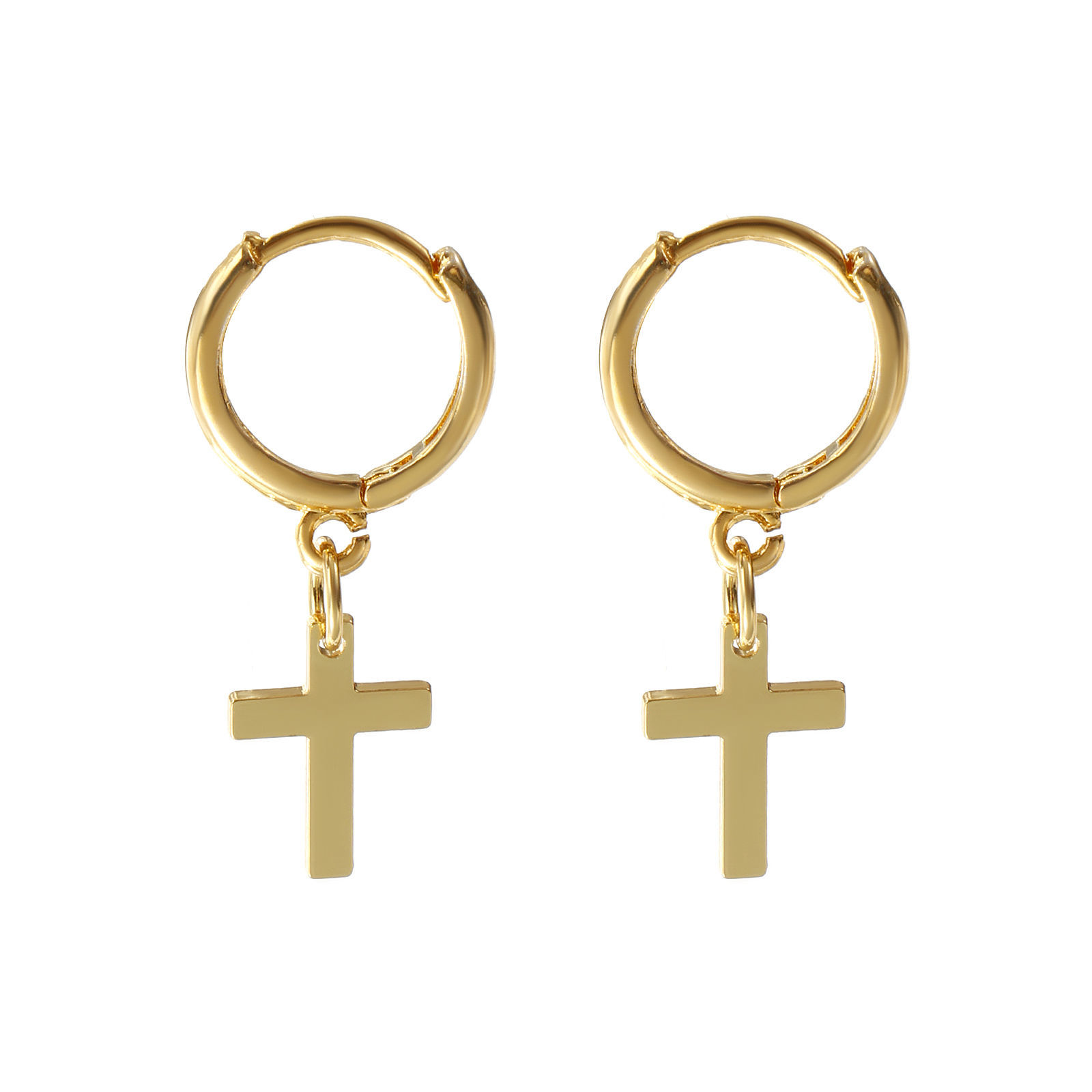 Bild von 1 Paar Umweltfreundlich Exquisit Religiös 18K Echtgold plattiert Messing Kreuz Hoop Ohrringe Für Frauen Geschenk 3.1cm x 1.4cm, Pfosten-/Drahtstärke: 1mm(18 Gauge)