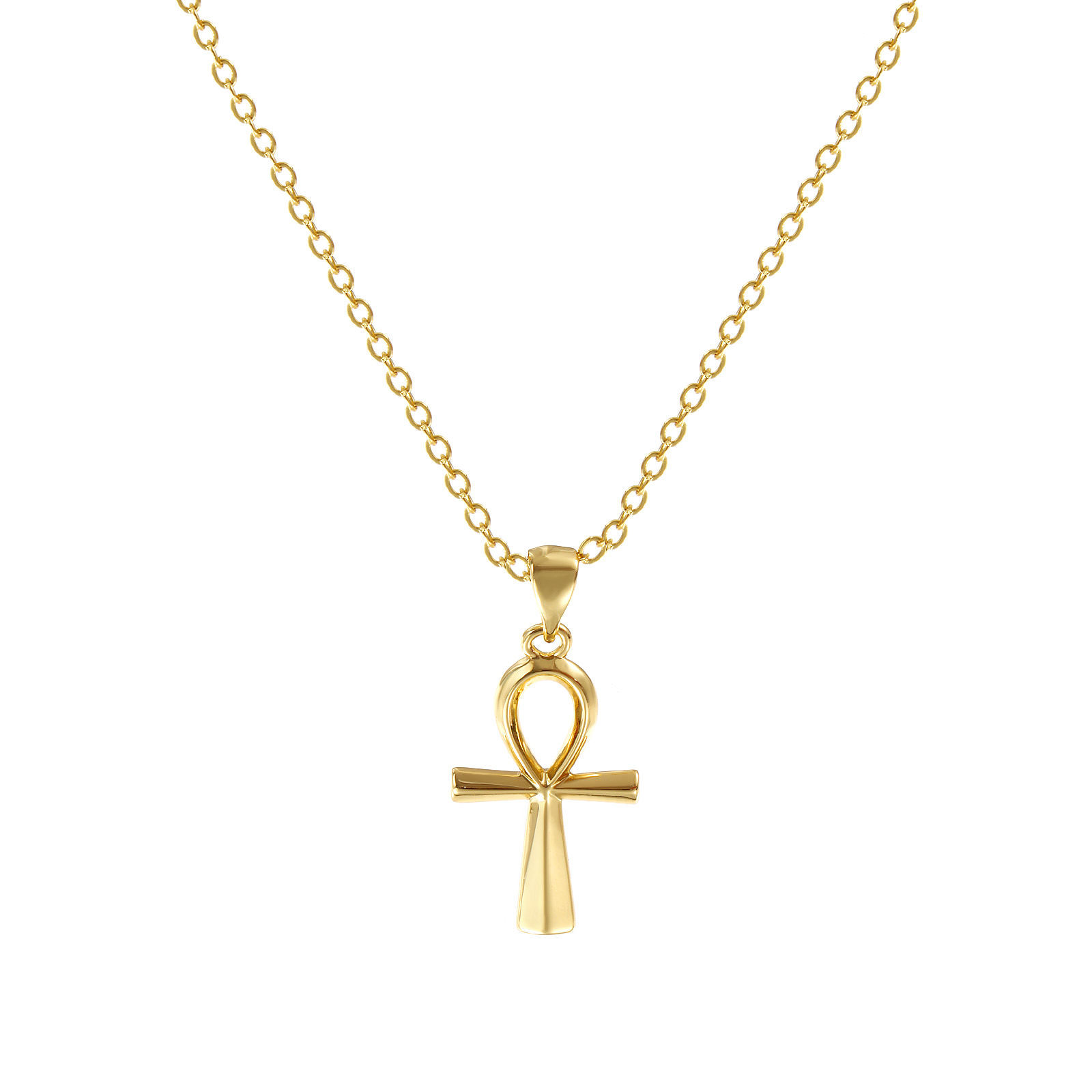 Bild von 18K Echtgold plattiert Kreuz Gliederketten Ankh ägyptisches Kreuz Anhänger Halskette, Messing 46cm + 6cm, Für Frauen, Hohl, Retro Religiös Geschenk, Umweltfreundlich, 1 Strang