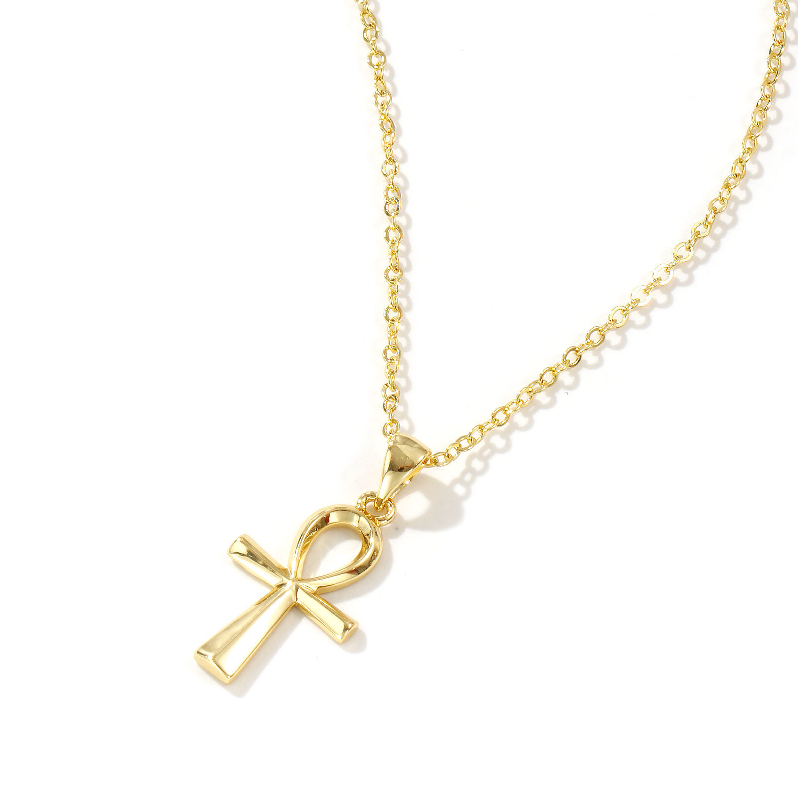 Bild von 18K Echtgold plattiert Kreuz Gliederketten Ankh ägyptisches Kreuz Anhänger Halskette, Messing 46cm + 6cm, Für Frauen, Hohl, Retro Religiös Geschenk, Umweltfreundlich, 1 Strang