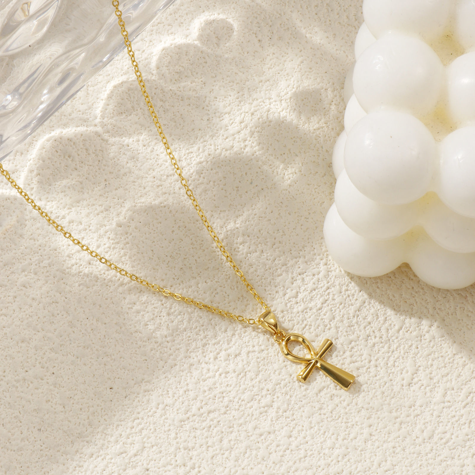 Bild von 18K Echtgold plattiert Kreuz Gliederketten Ankh ägyptisches Kreuz Anhänger Halskette, Messing 46cm + 6cm, Für Frauen, Hohl, Retro Religiös Geschenk, Umweltfreundlich, 1 Strang