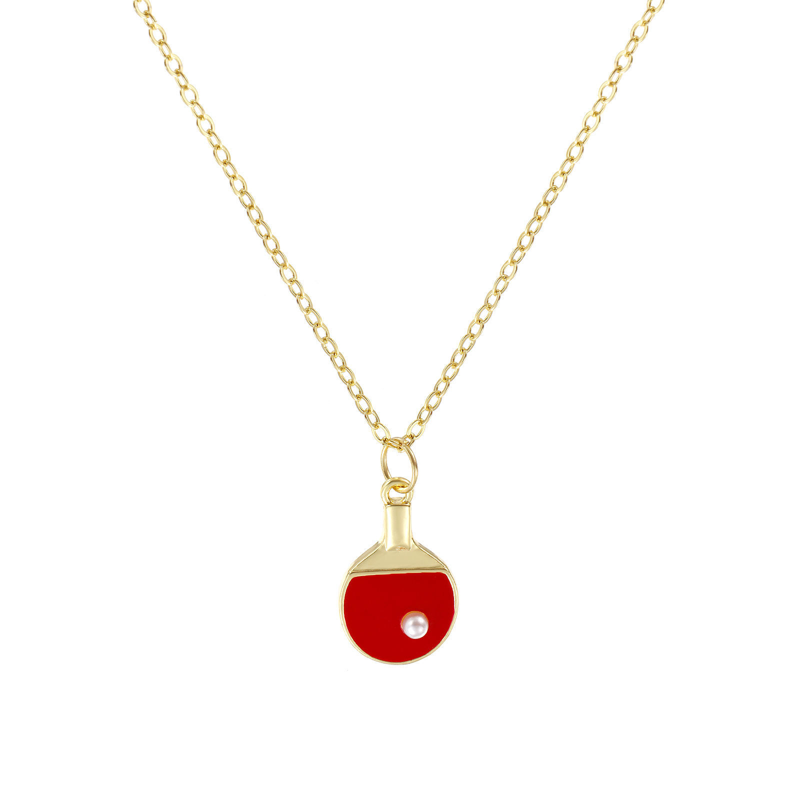 Picture of 18K Real Gold Plated Link Cable Chain Table Tennis Paddle Bat Pendant Charm Necklace, Brass 46cm(18.1") + 6cm(2.4"), For Women, Red Enamel Acrylic Imitation Pearl, Sport Gift, Eco-friendly, 1 Piece