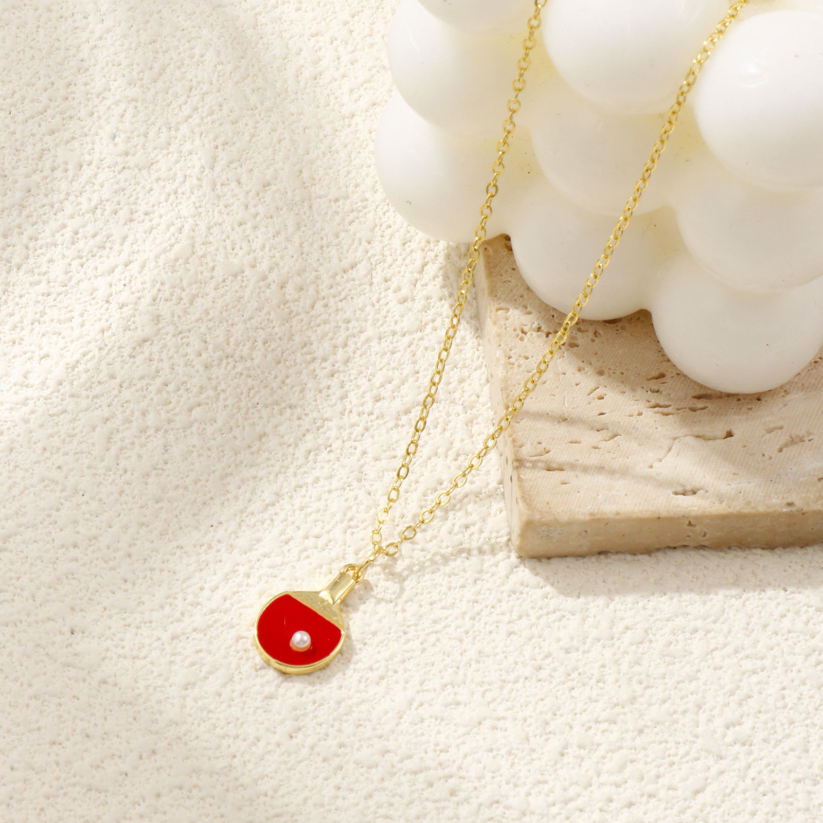 Picture of 18K Real Gold Plated Link Cable Chain Table Tennis Paddle Bat Pendant Charm Necklace, Brass 46cm(18.1") + 6cm(2.4"), For Women, Red Enamel Acrylic Imitation Pearl, Sport Gift, Eco-friendly, 1 Piece