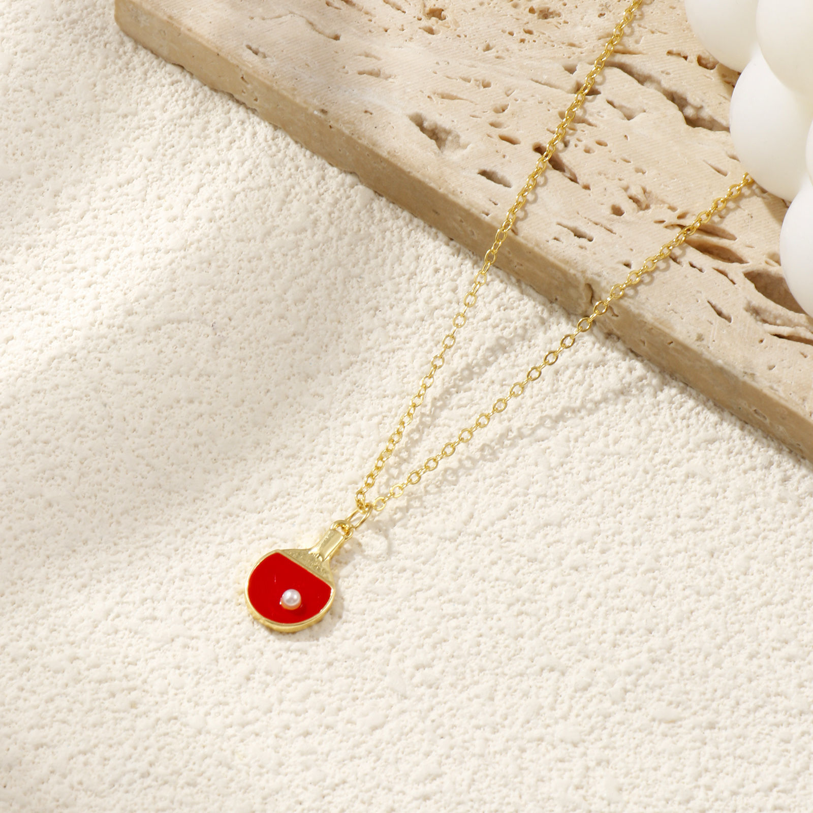 Picture of 18K Real Gold Plated Link Cable Chain Table Tennis Paddle Bat Pendant Charm Necklace, Brass 46cm(18.1") + 6cm(2.4"), For Women, Red Enamel Acrylic Imitation Pearl, Sport Gift, Eco-friendly, 1 Piece