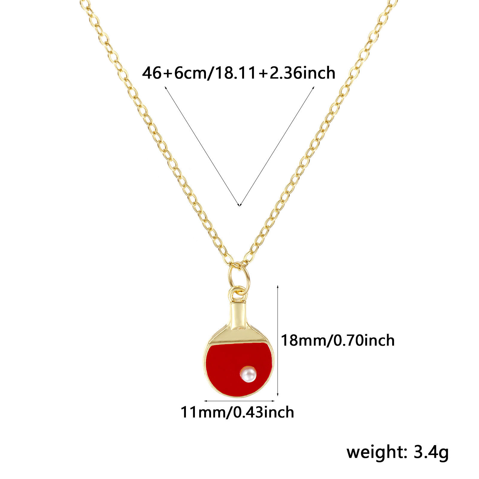 Picture of 18K Real Gold Plated Link Cable Chain Table Tennis Paddle Bat Pendant Charm Necklace, Brass 46cm(18.1") + 6cm(2.4"), For Women, Red Enamel Acrylic Imitation Pearl, Sport Gift, Eco-friendly, 1 Piece