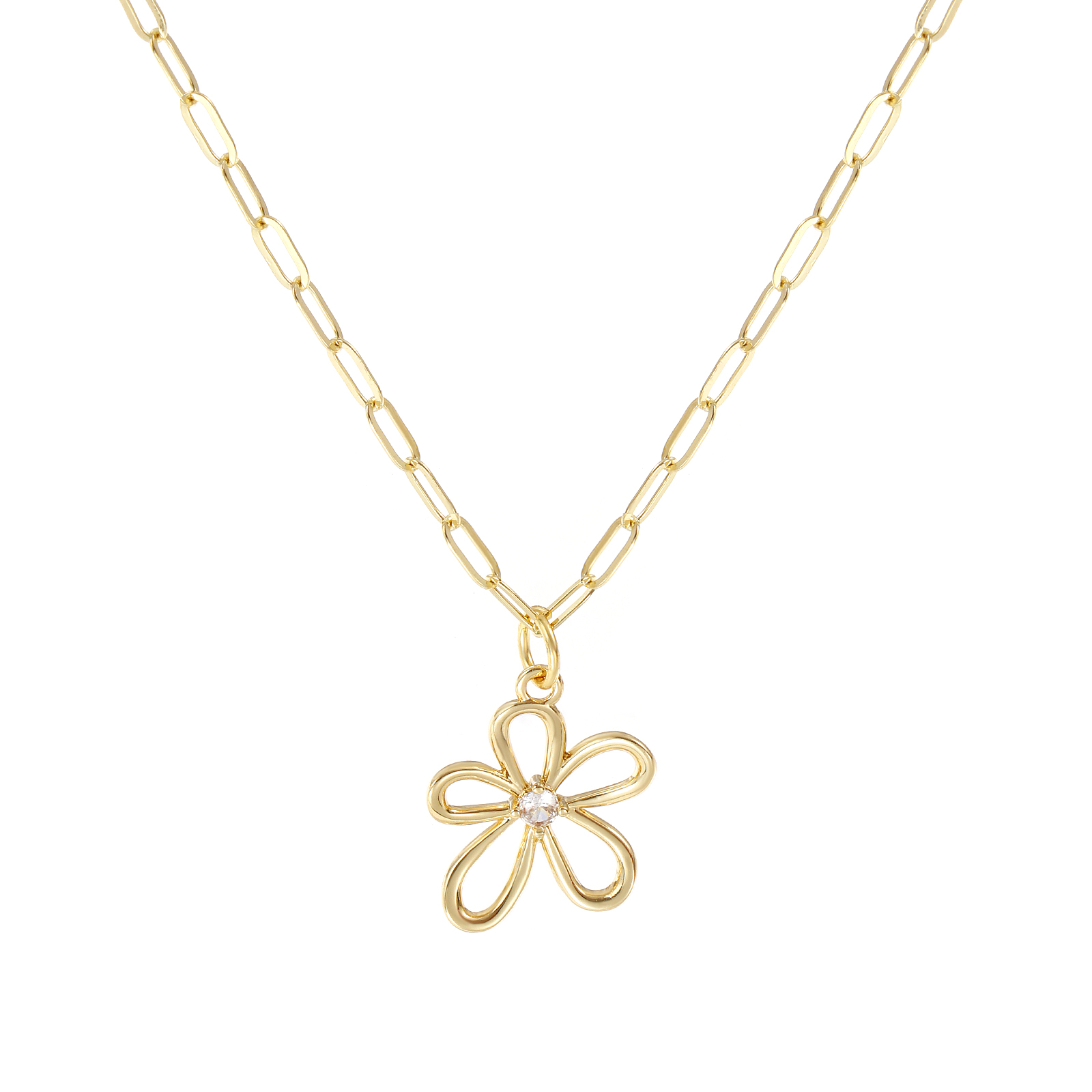 Image de Collier à Breloques Fleur Plaqué Or Véritable 18K en Laiton Pour Femmes, Chaîne de Trombone 45cm + 5cm, à Zircone Cubique Clair Creux, Exquis À la Mode Cadeau, Respectueux de la Nature, 1 Pièce