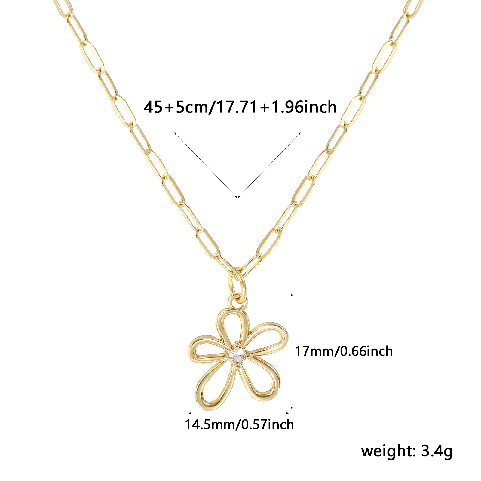 Image de Collier à Breloques Fleur Plaqué Or Véritable 18K en Laiton Pour Femmes, Chaîne de Trombone 45cm + 5cm, à Zircone Cubique Clair Creux, Exquis À la Mode Cadeau, Respectueux de la Nature, 1 Pièce
