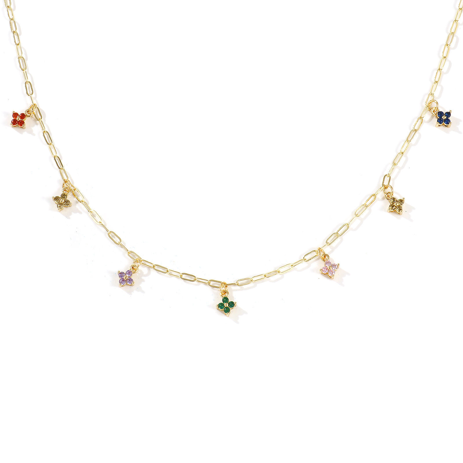 Изображение 18K Real Gold Plated Paperclip Link Chain Flower Pendant Charm Necklace, Brass 45cm(17.7"), For Women, Multicolour Cubic Zirconia Micro Pave, Sweet & Cute Exquisite Gift, Eco-friendly, 1 Piece