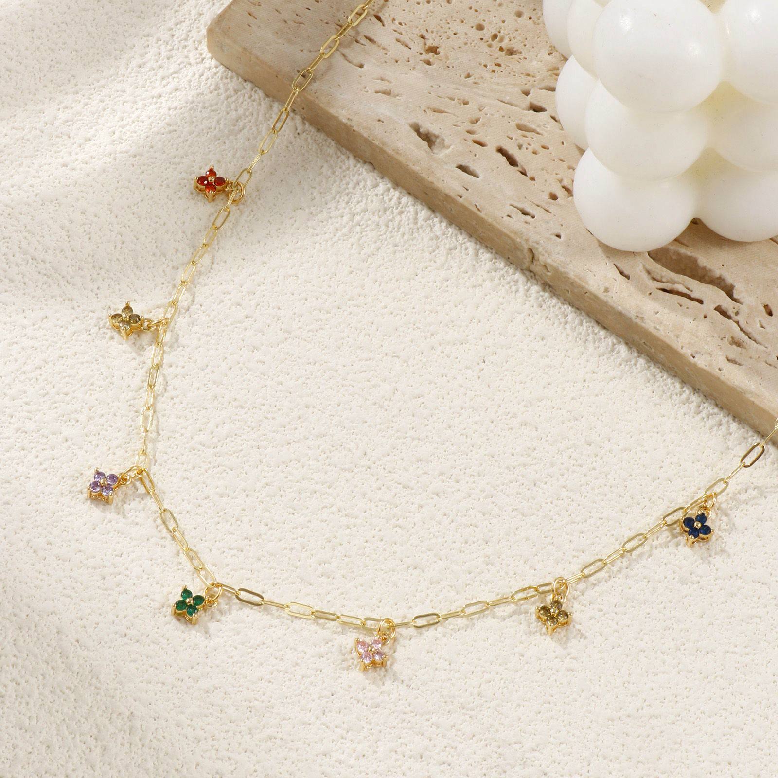 Изображение 18K Real Gold Plated Paperclip Link Chain Flower Pendant Charm Necklace, Brass 45cm(17.7"), For Women, Multicolour Cubic Zirconia Micro Pave, Sweet & Cute Exquisite Gift, Eco-friendly, 1 Piece