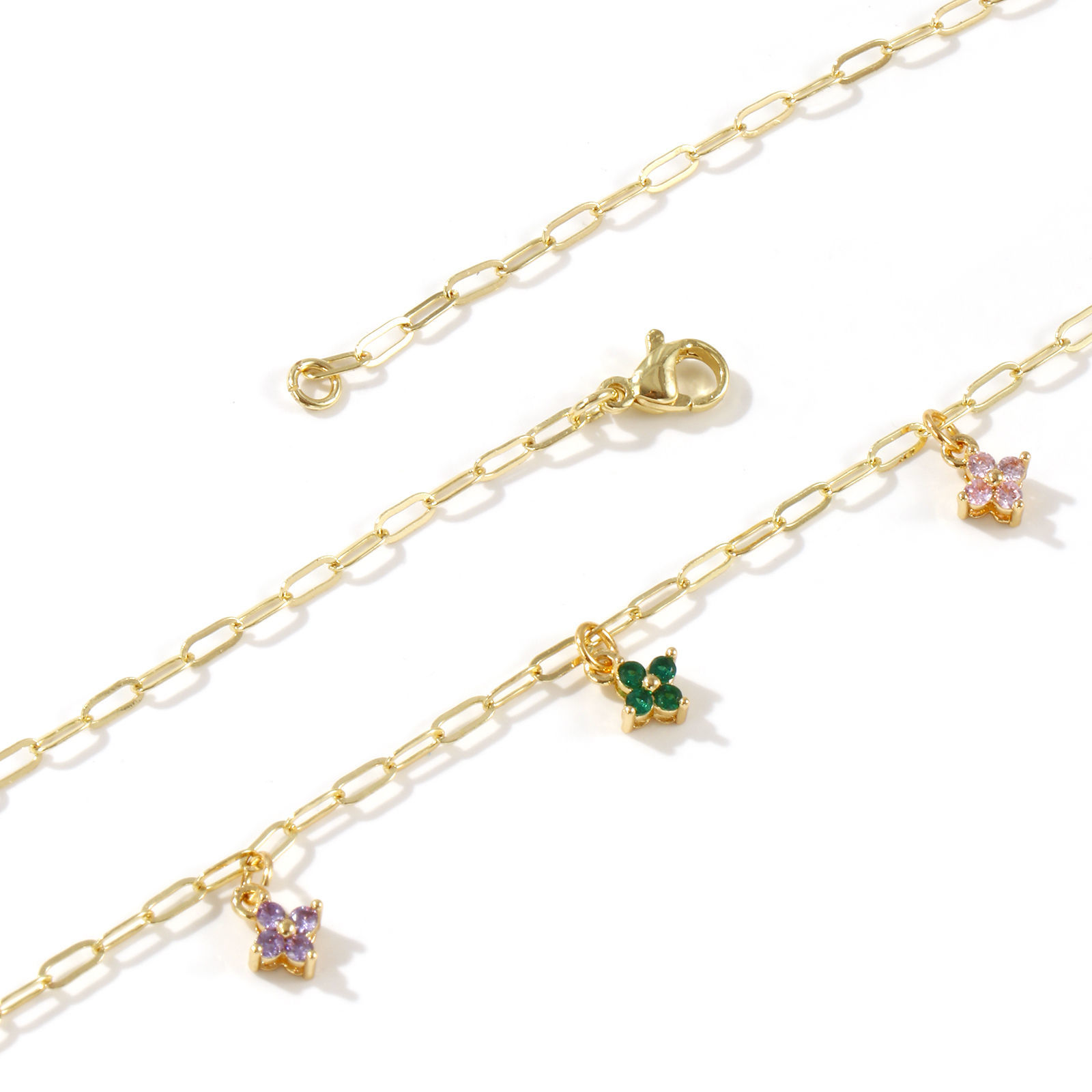 Изображение 18K Real Gold Plated Paperclip Link Chain Flower Pendant Charm Necklace, Brass 45cm(17.7"), For Women, Multicolour Cubic Zirconia Micro Pave, Sweet & Cute Exquisite Gift, Eco-friendly, 1 Piece
