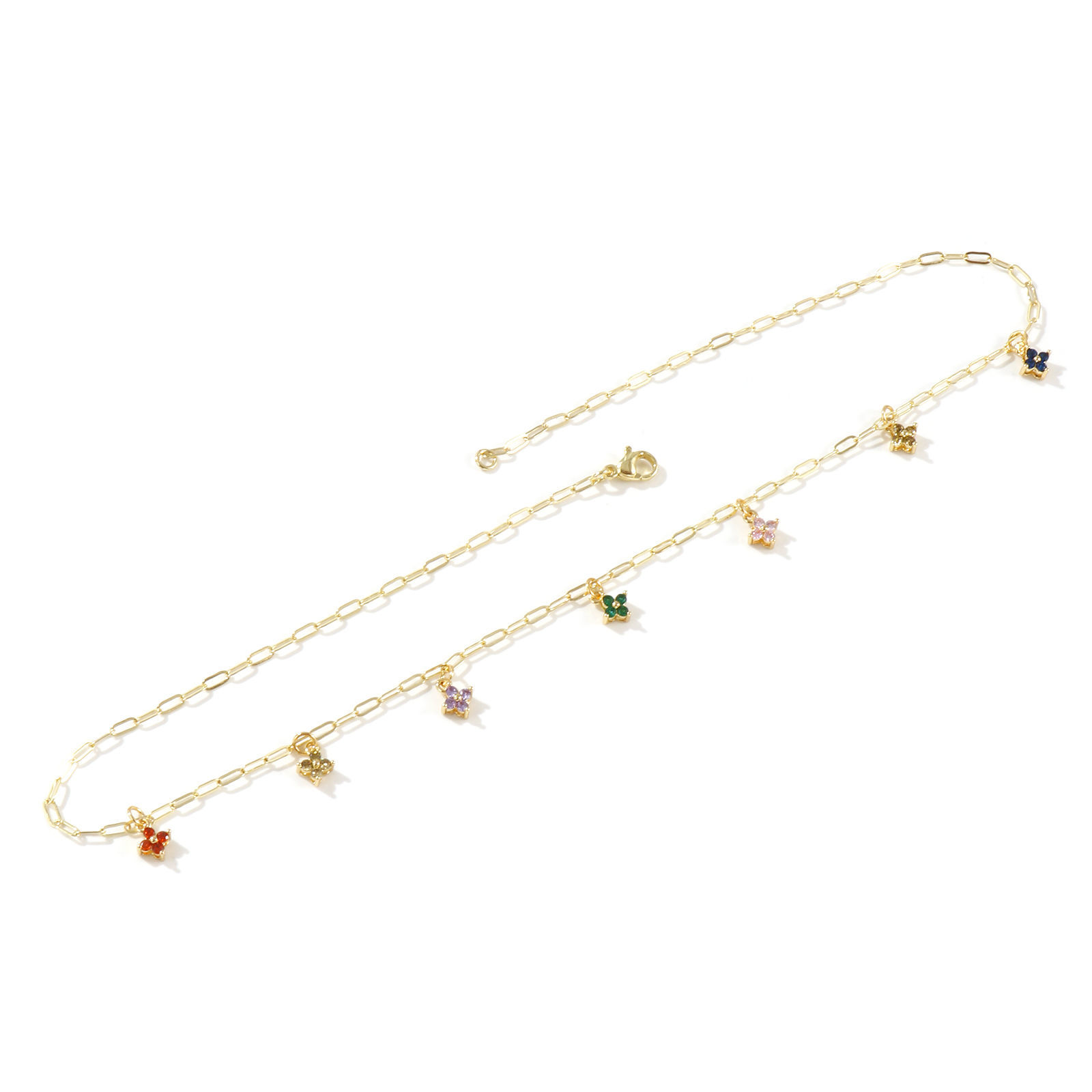 Изображение 18K Real Gold Plated Paperclip Link Chain Flower Pendant Charm Necklace, Brass 45cm(17.7"), For Women, Multicolour Cubic Zirconia Micro Pave, Sweet & Cute Exquisite Gift, Eco-friendly, 1 Piece