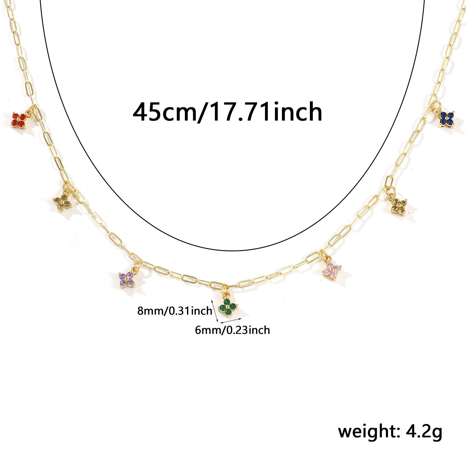 Изображение 18K Real Gold Plated Paperclip Link Chain Flower Pendant Charm Necklace, Brass 45cm(17.7"), For Women, Multicolour Cubic Zirconia Micro Pave, Sweet & Cute Exquisite Gift, Eco-friendly, 1 Piece