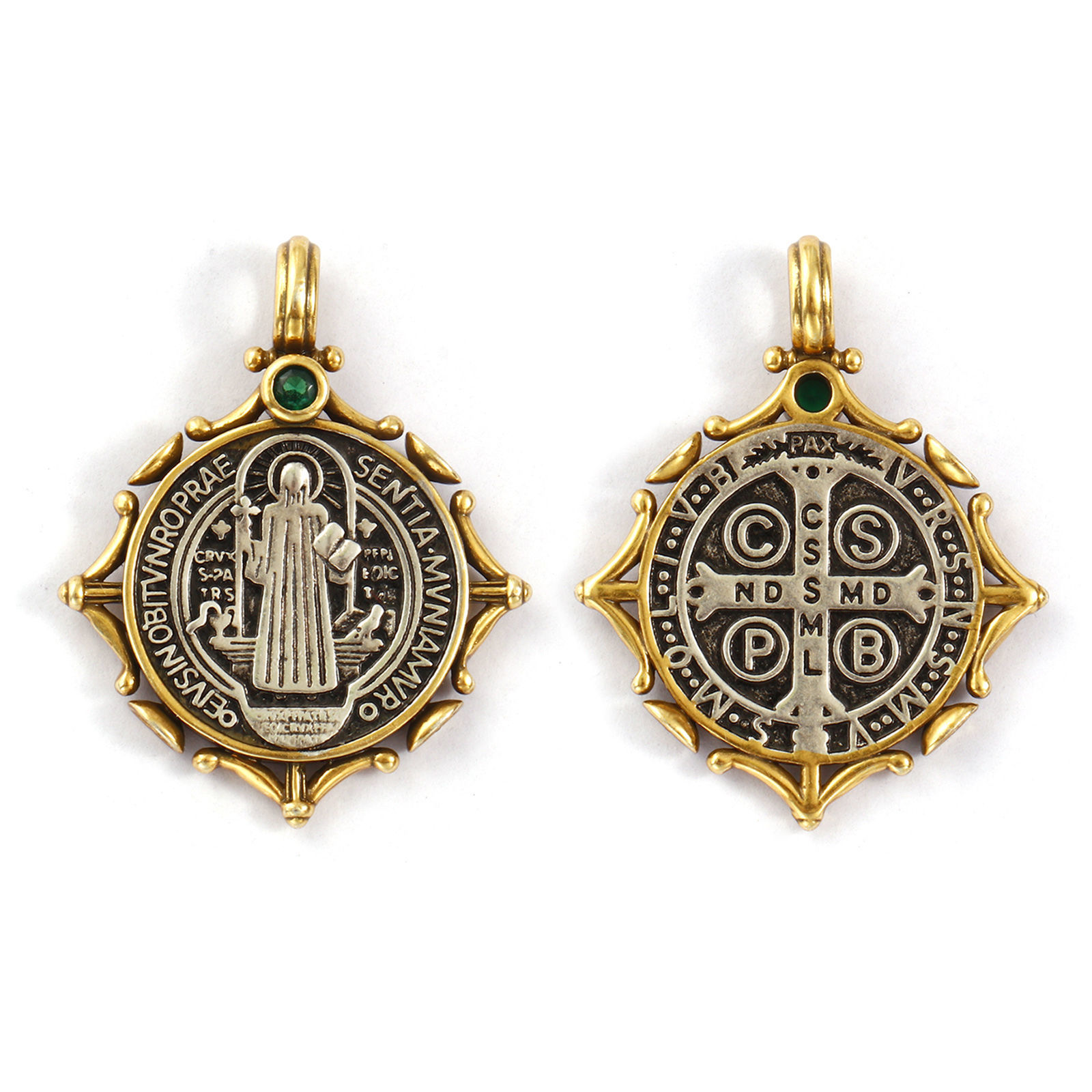 Bild von 1 Stück Messing Religiös Anhänger Antiksilber Antik Bronze Mixefarbe St. Benedikt-Medaille Doppelseitig Grün Kubischer Zirkon 3.2cm x 2.6cm