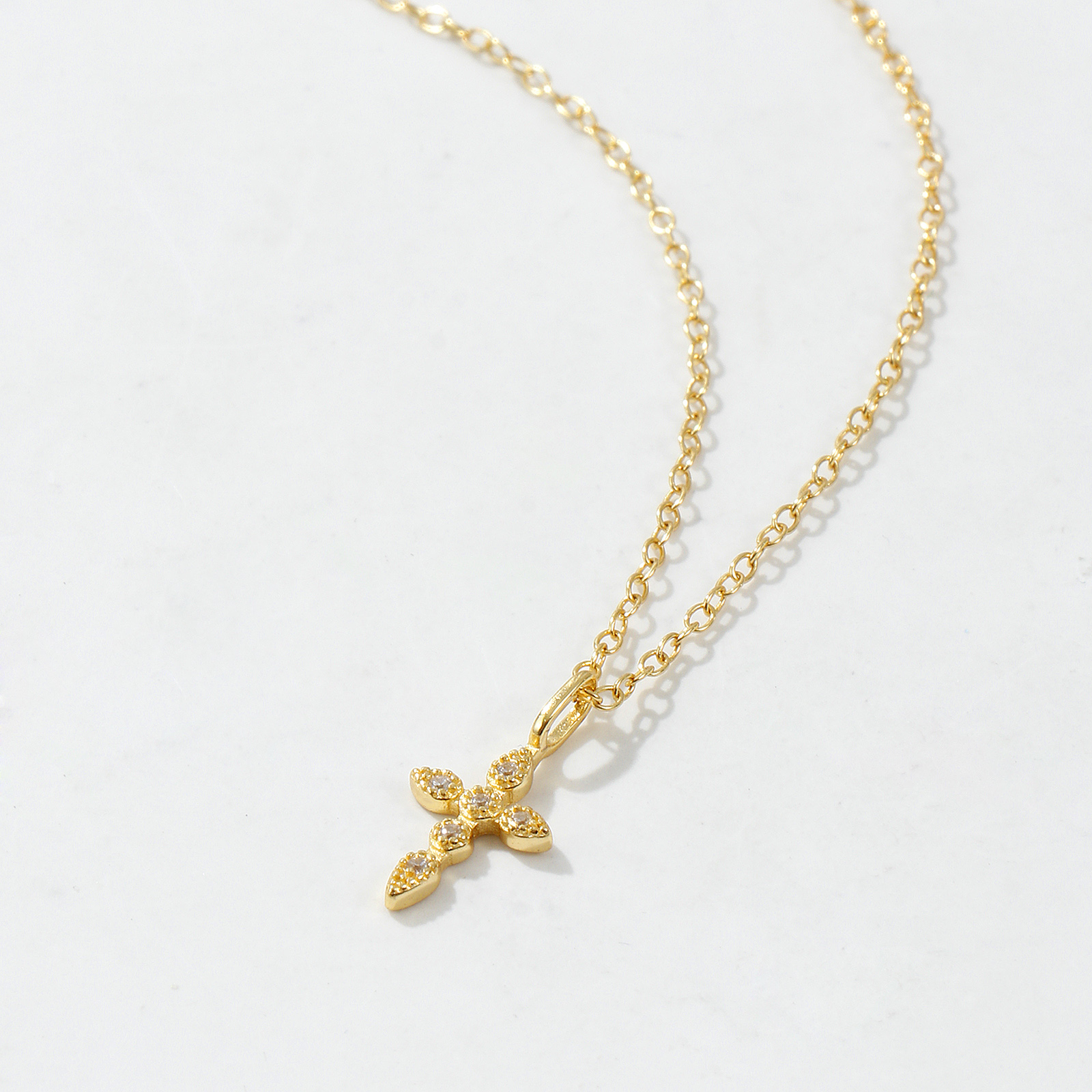 Picture of 1 Piece Sterling Silver Religious Pendant Charm Necklace 18K Gold Plated Cross Clear Cubic Zirconia Micro Pave 40cm(15.7") + 5cm(2") long