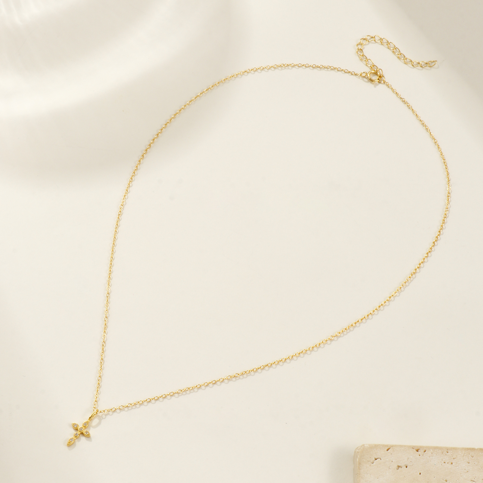 Picture of 1 Piece Sterling Silver Religious Pendant Charm Necklace 18K Gold Plated Cross Clear Cubic Zirconia Micro Pave 40cm(15.7") + 5cm(2") long