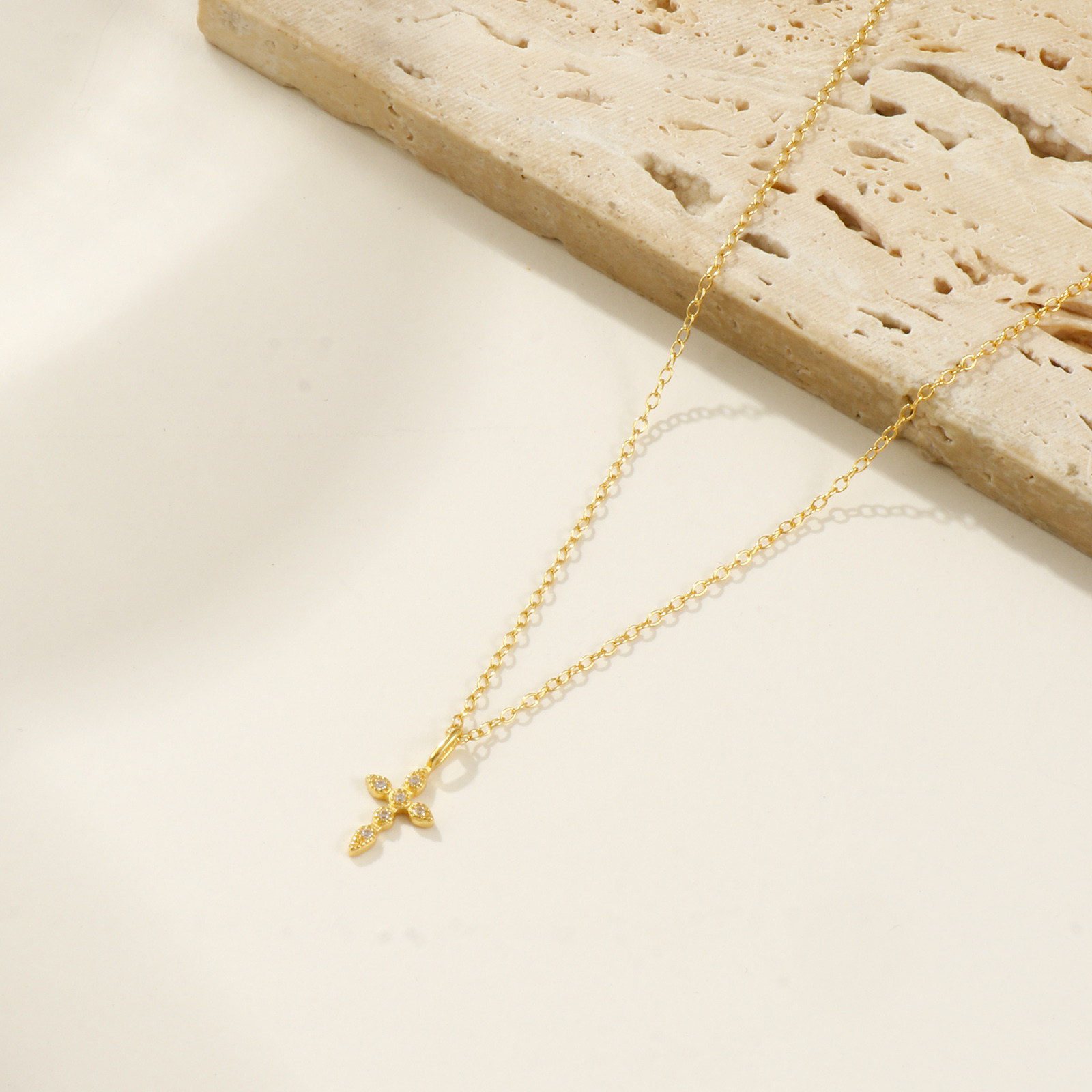 Picture of 1 Piece Sterling Silver Religious Pendant Charm Necklace 18K Gold Plated Cross Clear Cubic Zirconia Micro Pave 40cm(15.7") + 5cm(2") long
