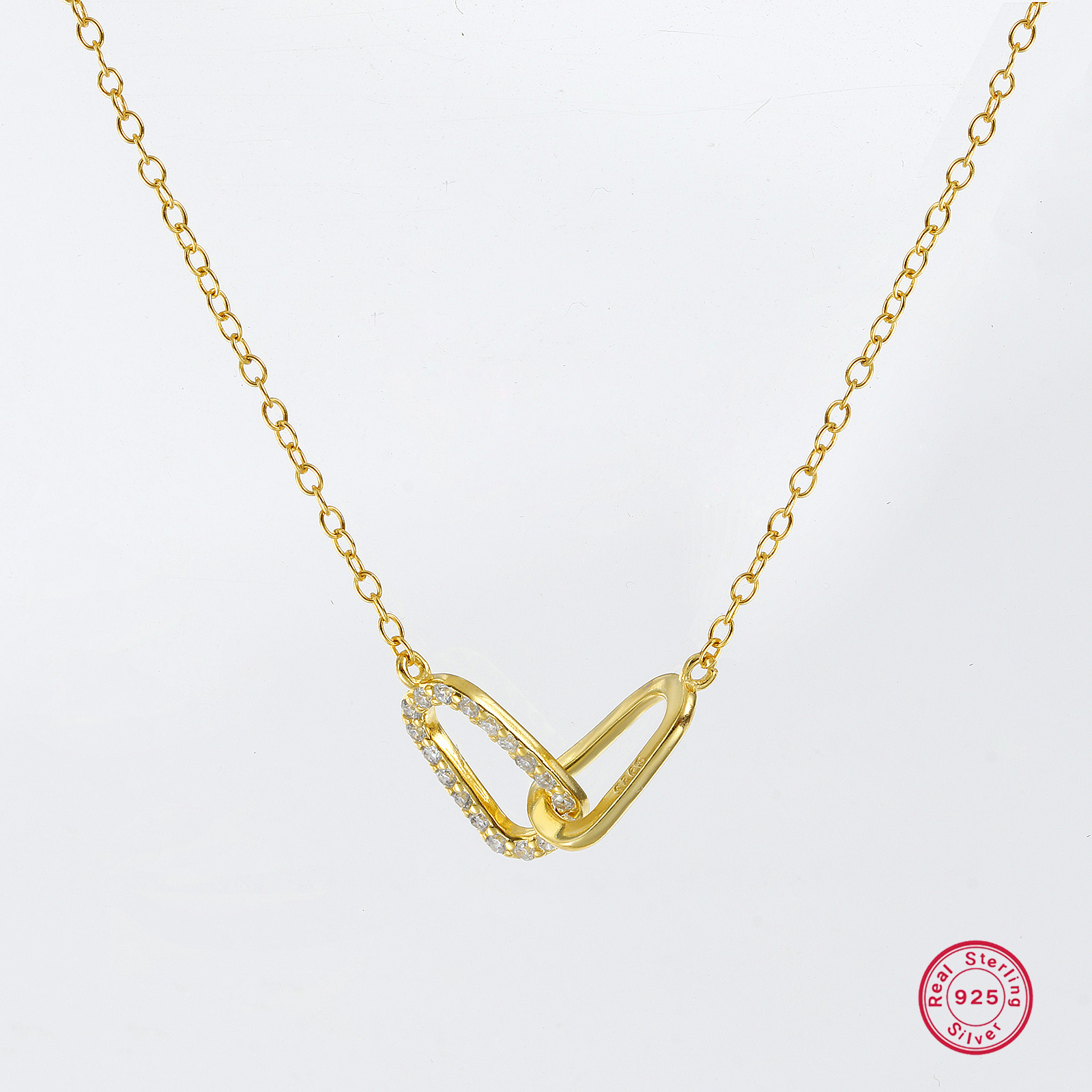 Picture of 1 Piece Sterling Silver Romantic Pendant Charm Necklace 18K Gold Plated Oval Clear Cubic Zirconia Micro Pave 40cm(15.7") + 5cm(2") long