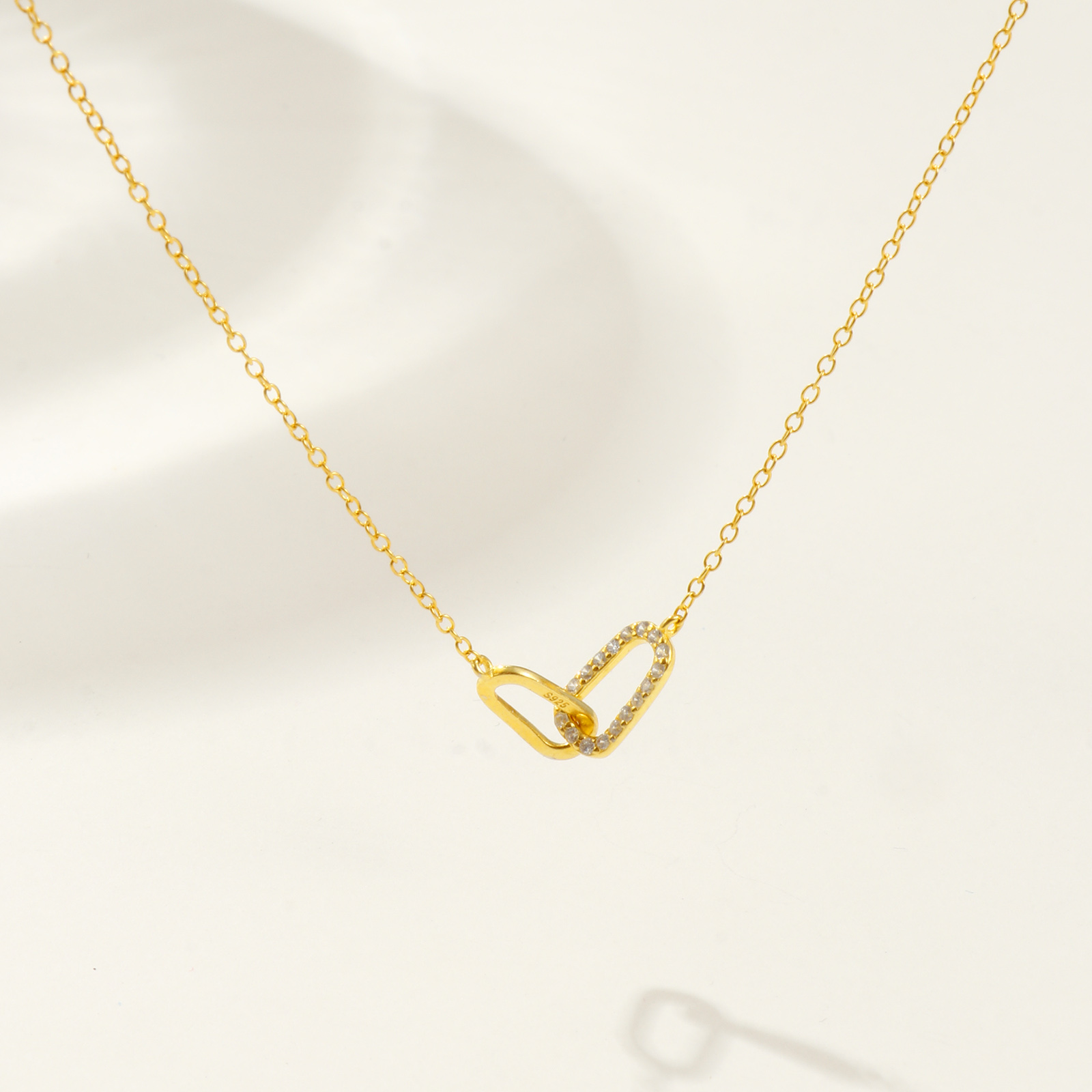 Picture of 1 Piece Sterling Silver Romantic Pendant Charm Necklace 18K Gold Plated Oval Clear Cubic Zirconia Micro Pave 40cm(15.7") + 5cm(2") long