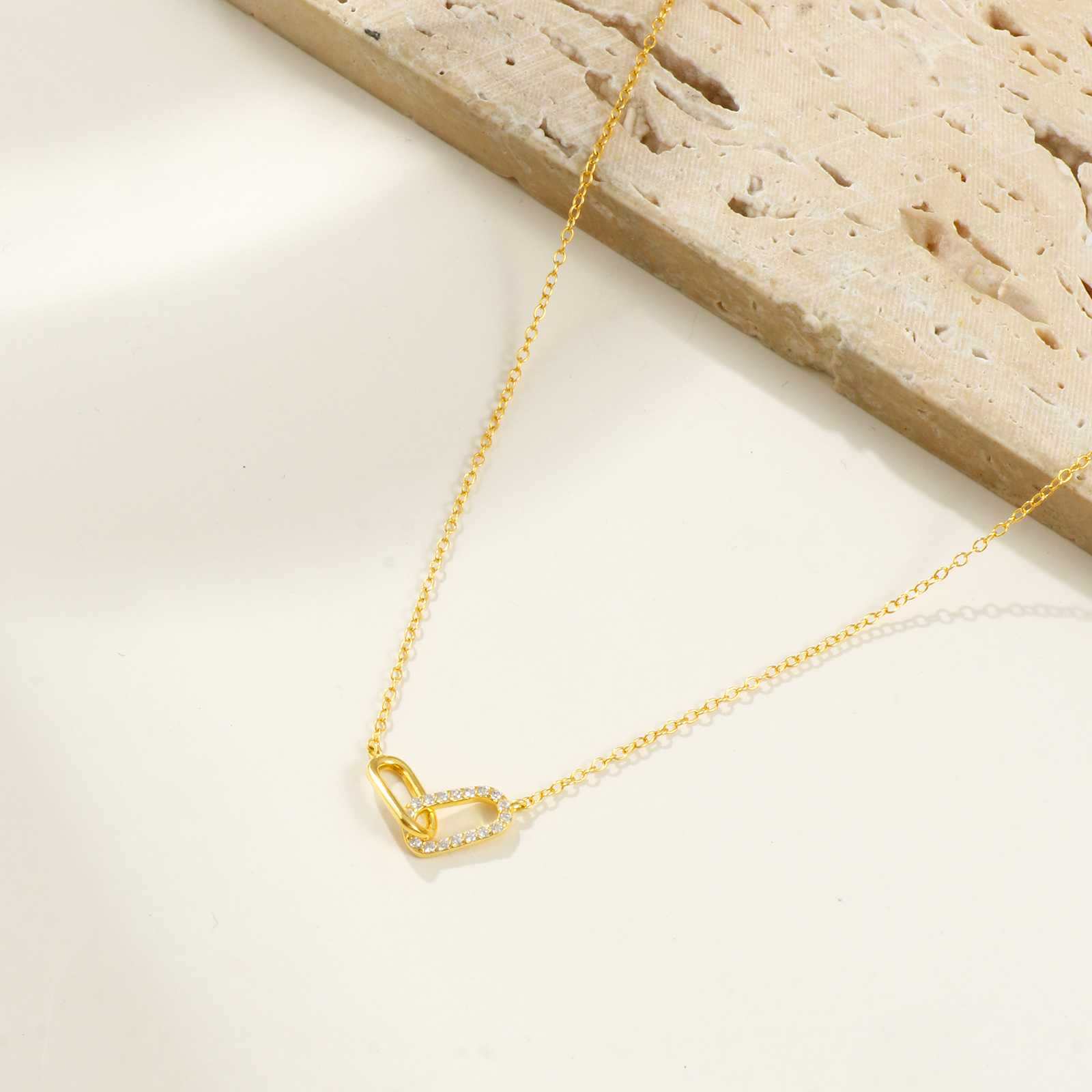 Picture of 1 Piece Sterling Silver Romantic Pendant Charm Necklace 18K Gold Plated Oval Clear Cubic Zirconia Micro Pave 40cm(15.7") + 5cm(2") long