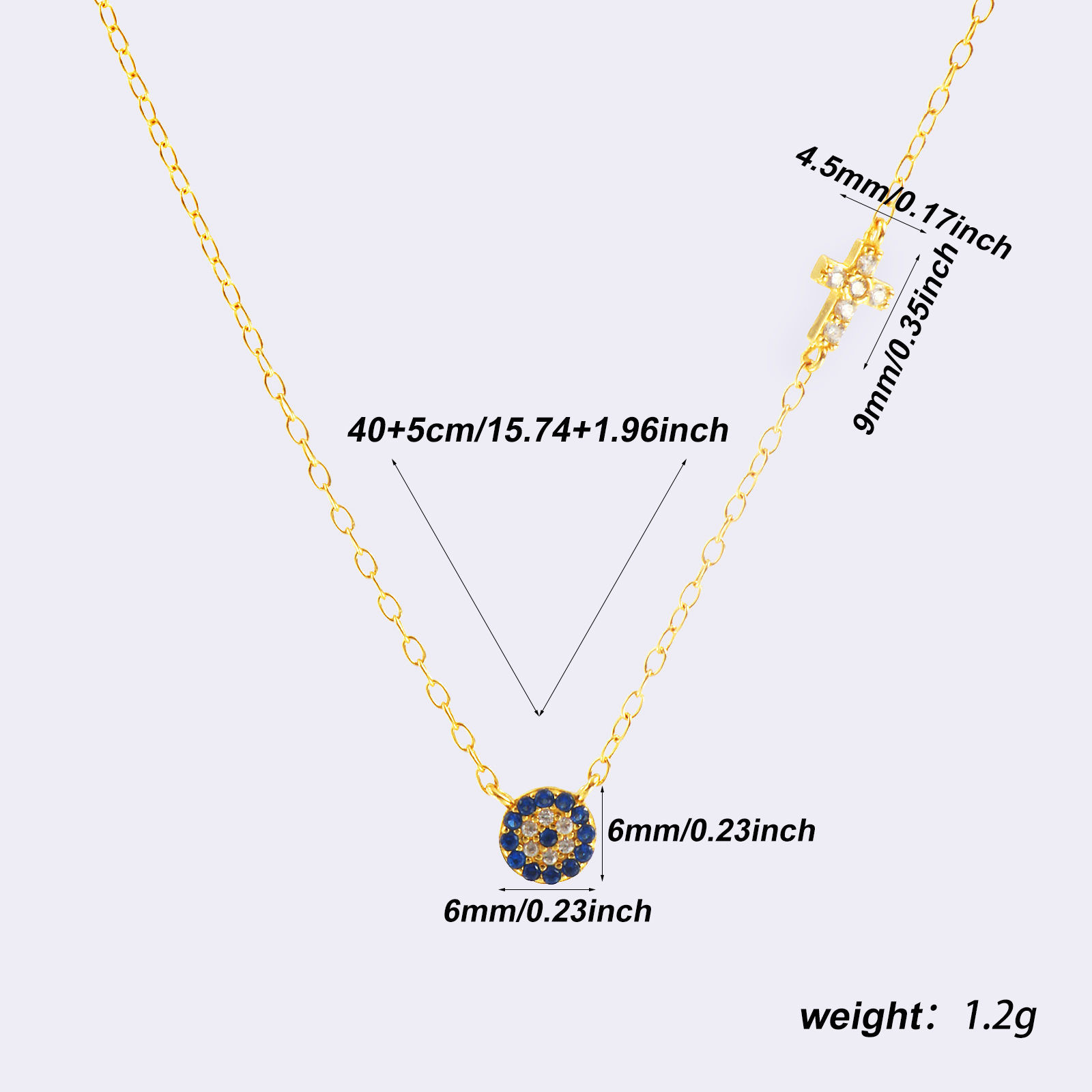 Picture of 1 Piece Sterling Silver Religious Pendant Charm Necklace 18K Gold Plated Cross Evil Eye Deep Blue Cubic Zirconia Micro Pave 40cm(15.7") + 5cm(2") long