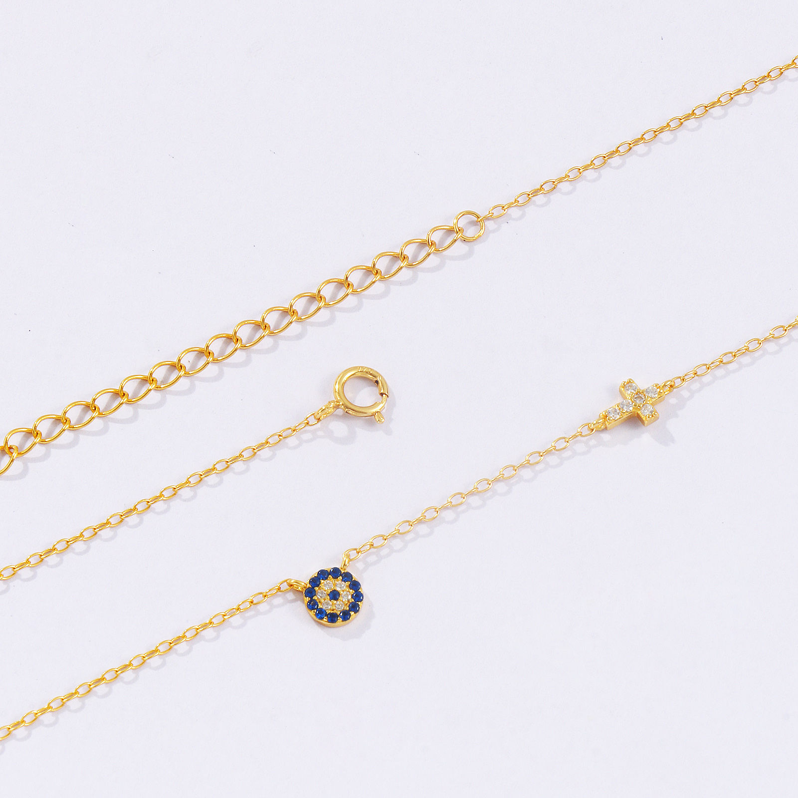 Picture of 1 Piece Sterling Silver Religious Pendant Charm Necklace 18K Gold Plated Cross Evil Eye Deep Blue Cubic Zirconia Micro Pave 40cm(15.7") + 5cm(2") long