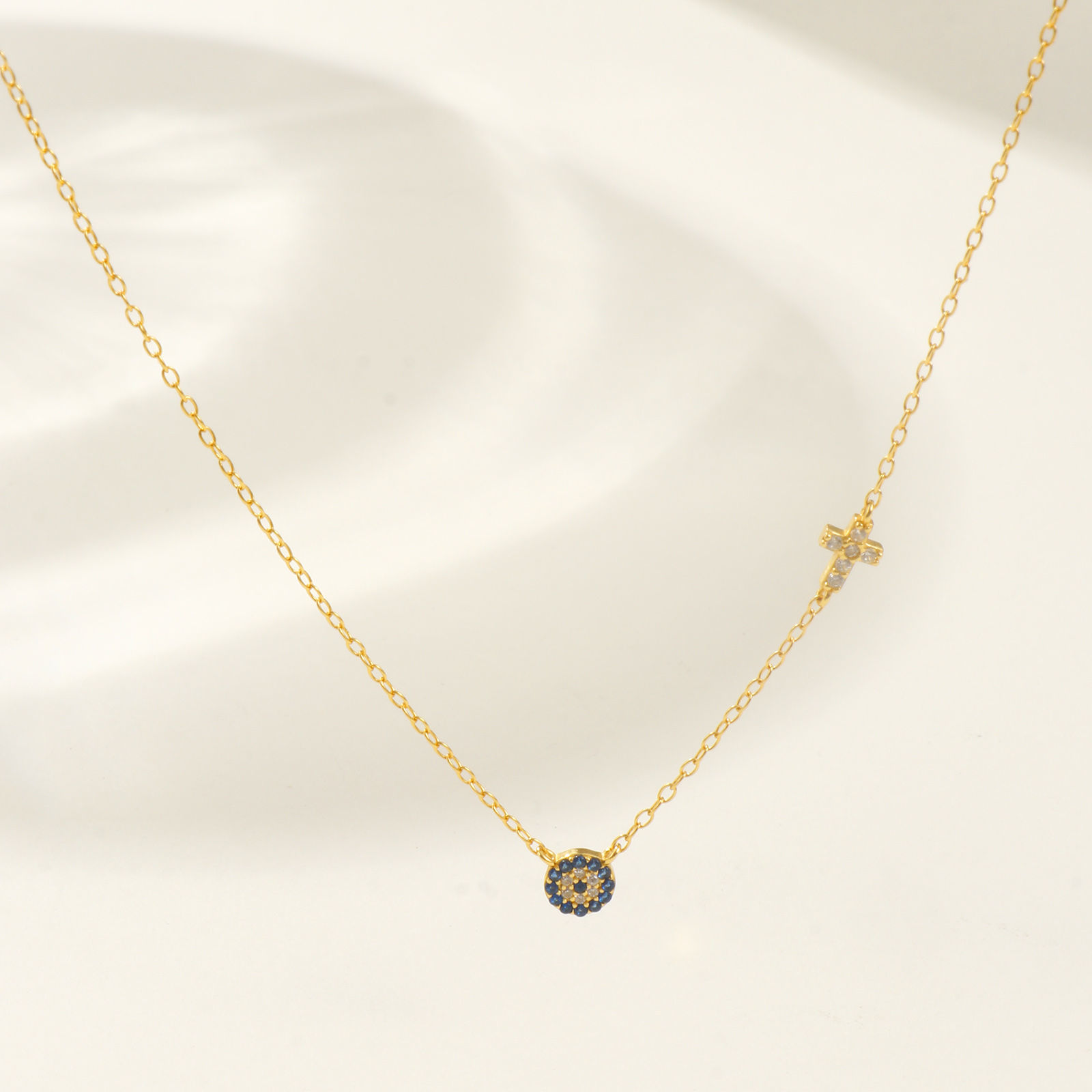 Picture of 1 Piece Sterling Silver Religious Pendant Charm Necklace 18K Gold Plated Cross Evil Eye Deep Blue Cubic Zirconia Micro Pave 40cm(15.7") + 5cm(2") long