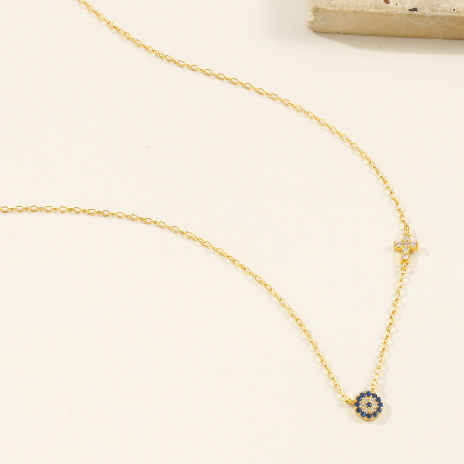 Picture of 1 Piece Sterling Silver Religious Pendant Charm Necklace 18K Gold Plated Cross Evil Eye Deep Blue Cubic Zirconia Micro Pave 40cm(15.7") + 5cm(2") long