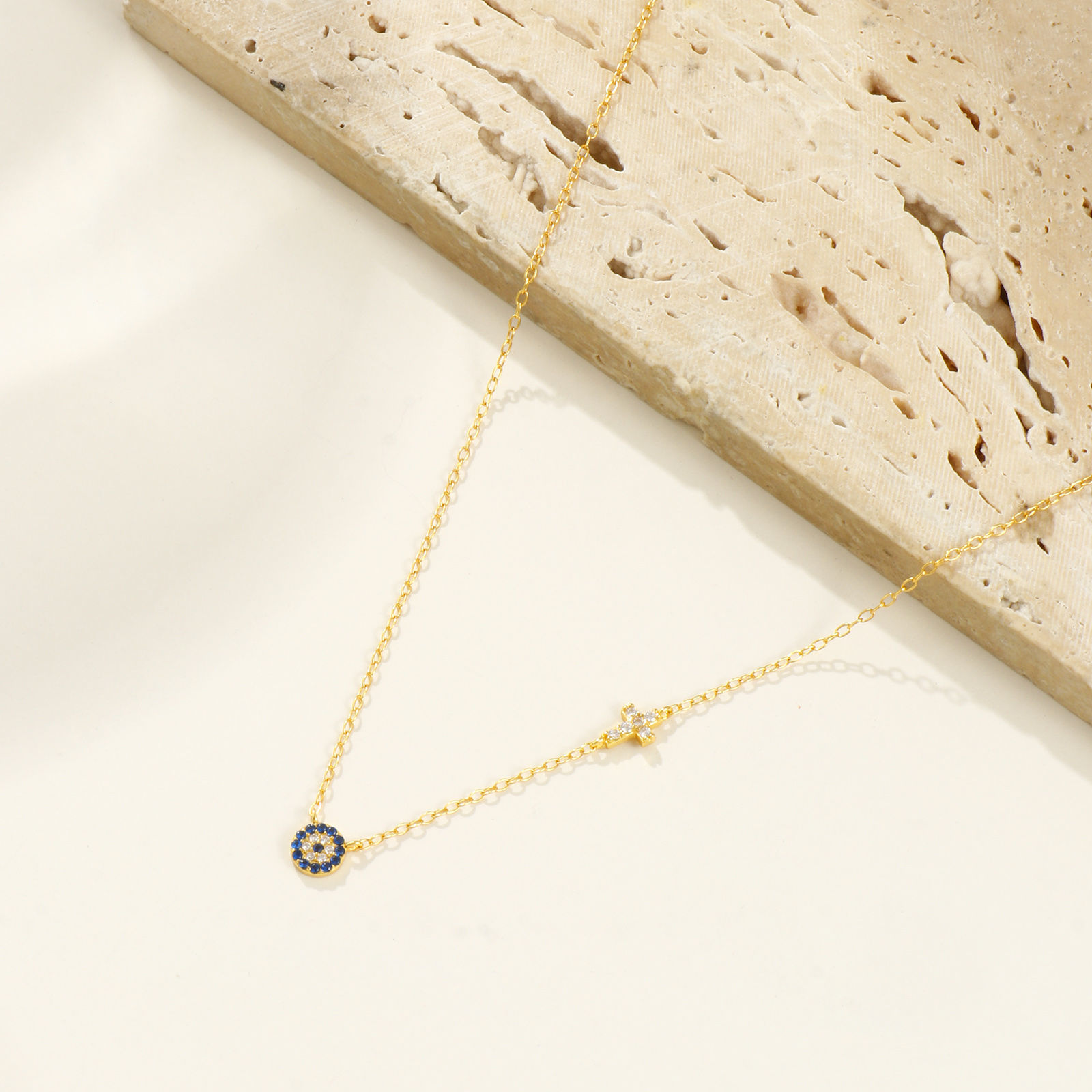 Picture of 1 Piece Sterling Silver Religious Pendant Charm Necklace 18K Gold Plated Cross Evil Eye Deep Blue Cubic Zirconia Micro Pave 40cm(15.7") + 5cm(2") long