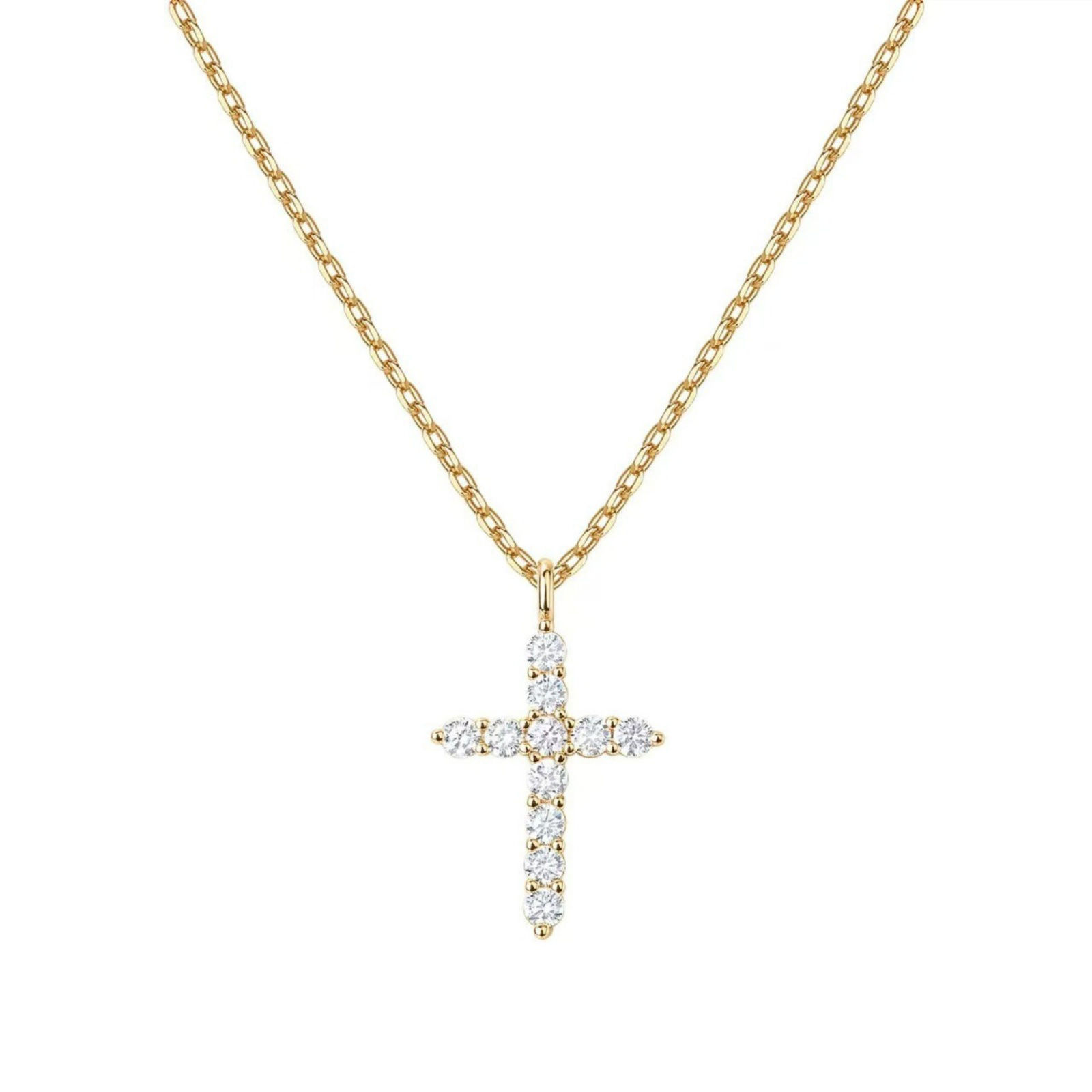 Picture of Wholesale Cross Clear Cubic Zirconia Pendant Charm Necklace, 18K Gold Plated Brass Link Cable Chain, Women's Religious Simple & Casual Gift Jewelry For Retailer, 45cm(17.7") + 5cm(2") long, 1 Piece