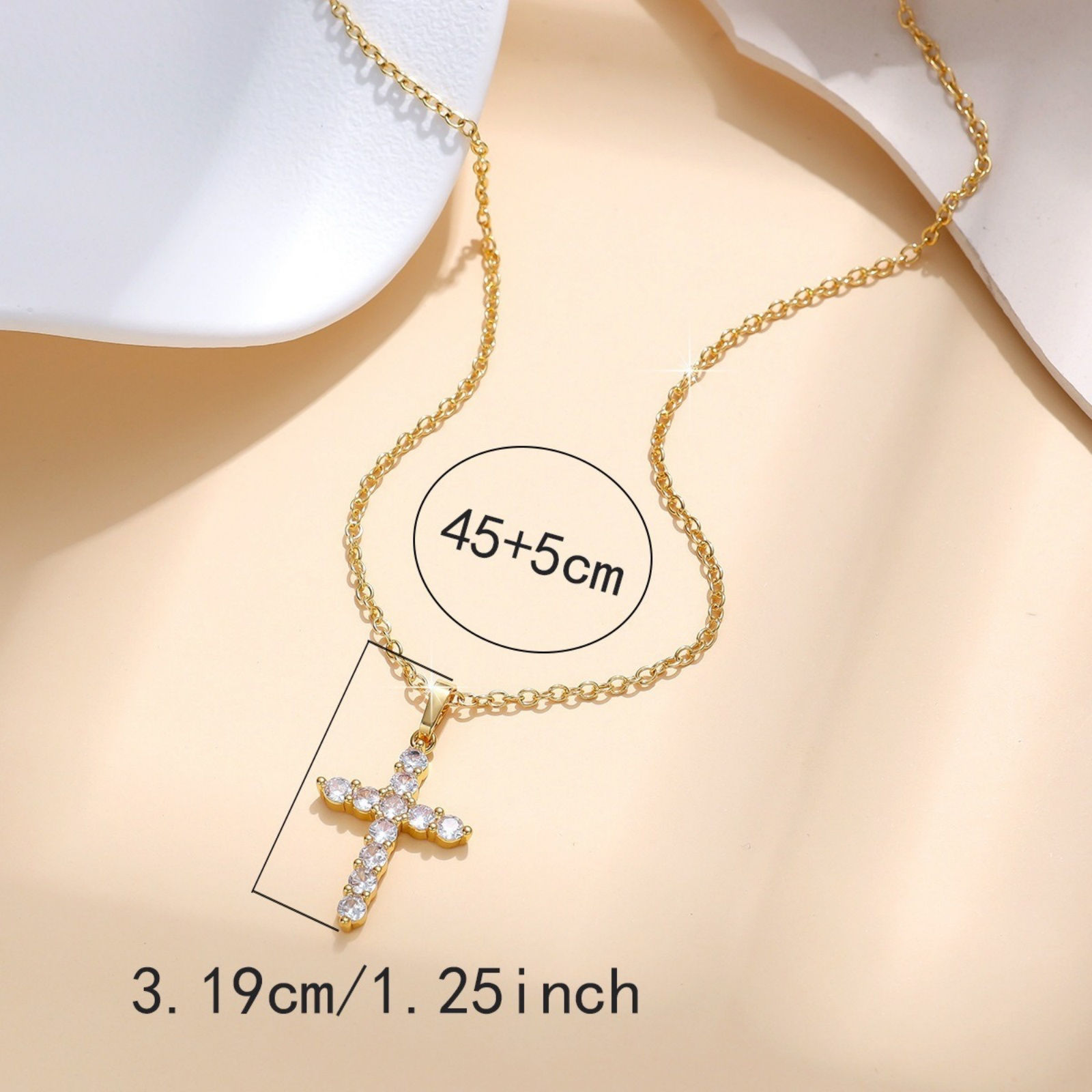 Picture of Wholesale Cross Clear Cubic Zirconia Pendant Charm Necklace, 18K Gold Plated Brass Link Cable Chain, Women's Religious Simple & Casual Gift Jewelry For Retailer, 45cm(17.7") + 5cm(2") long, 1 Piece