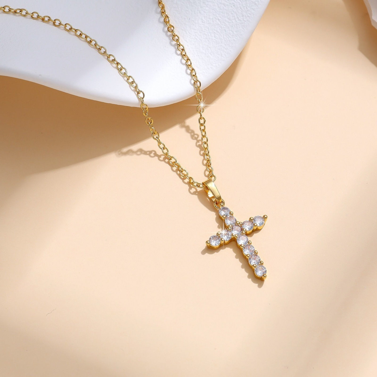 Picture of Wholesale Cross Clear Cubic Zirconia Pendant Charm Necklace, 18K Gold Plated Brass Link Cable Chain, Women's Religious Simple & Casual Gift Jewelry For Retailer, 45cm(17.7") + 5cm(2") long, 1 Piece