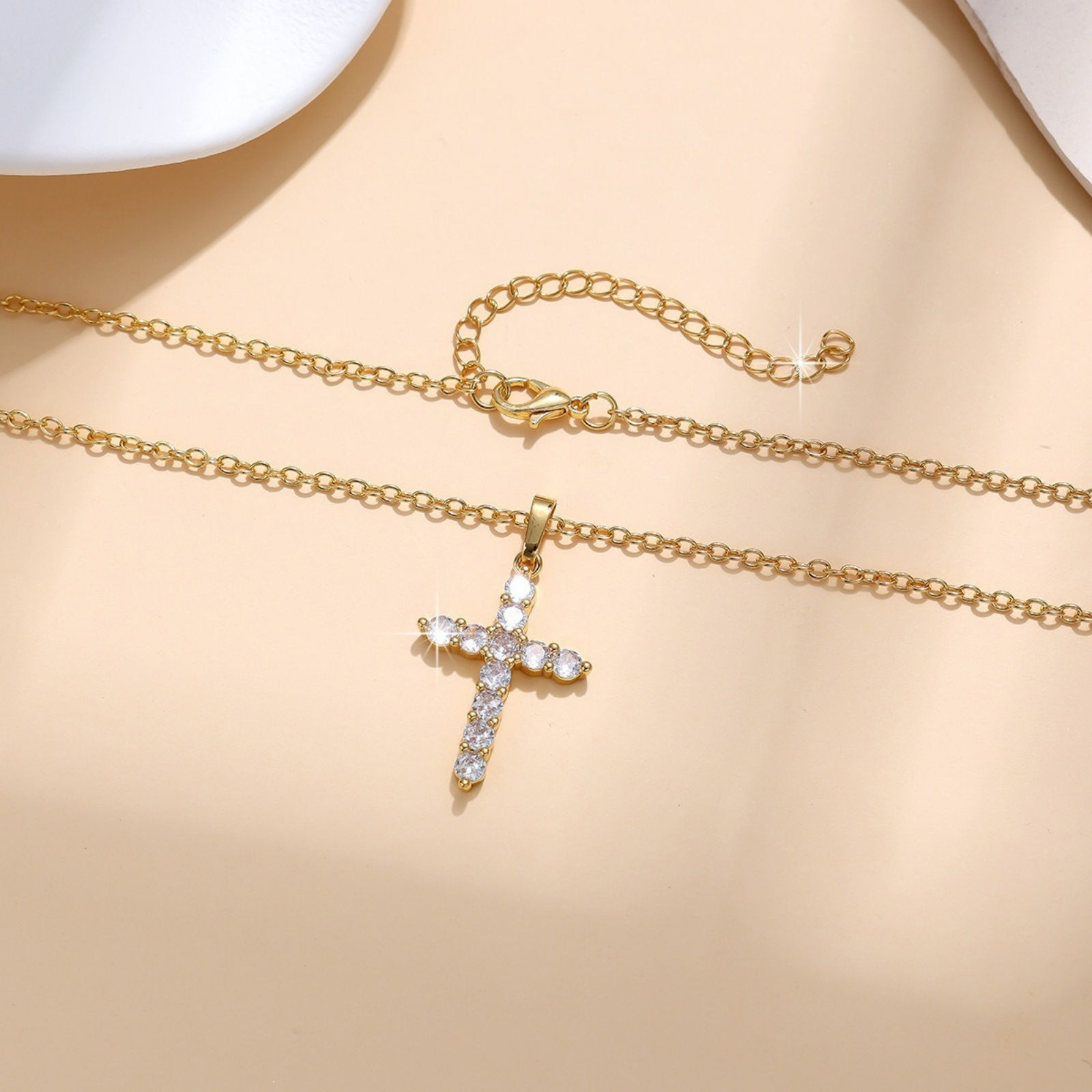 Picture of Wholesale Cross Clear Cubic Zirconia Pendant Charm Necklace, 18K Gold Plated Brass Link Cable Chain, Women's Religious Simple & Casual Gift Jewelry For Retailer, 45cm(17.7") + 5cm(2") long, 1 Piece