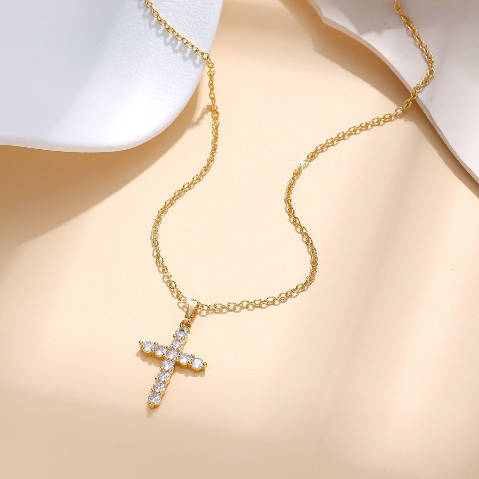 Picture of Wholesale Cross Clear Cubic Zirconia Pendant Charm Necklace, 18K Gold Plated Brass Link Cable Chain, Women's Religious Simple & Casual Gift Jewelry For Retailer, 45cm(17.7") + 5cm(2") long, 1 Piece