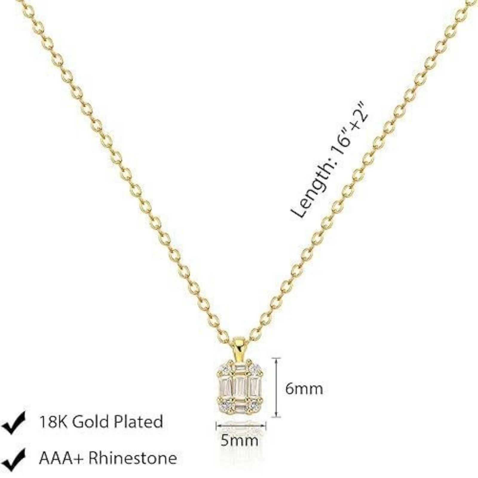 Picture of Wholesale Rectangle Clear Cubic Zirconia Pendant Charm Necklace, 18K Gold Plated Brass Link Cable Chain, Women's Simple Stylish Gift Jewelry For Retailer, 40cm(15.7") + 5cm(2") long, 1 Piece