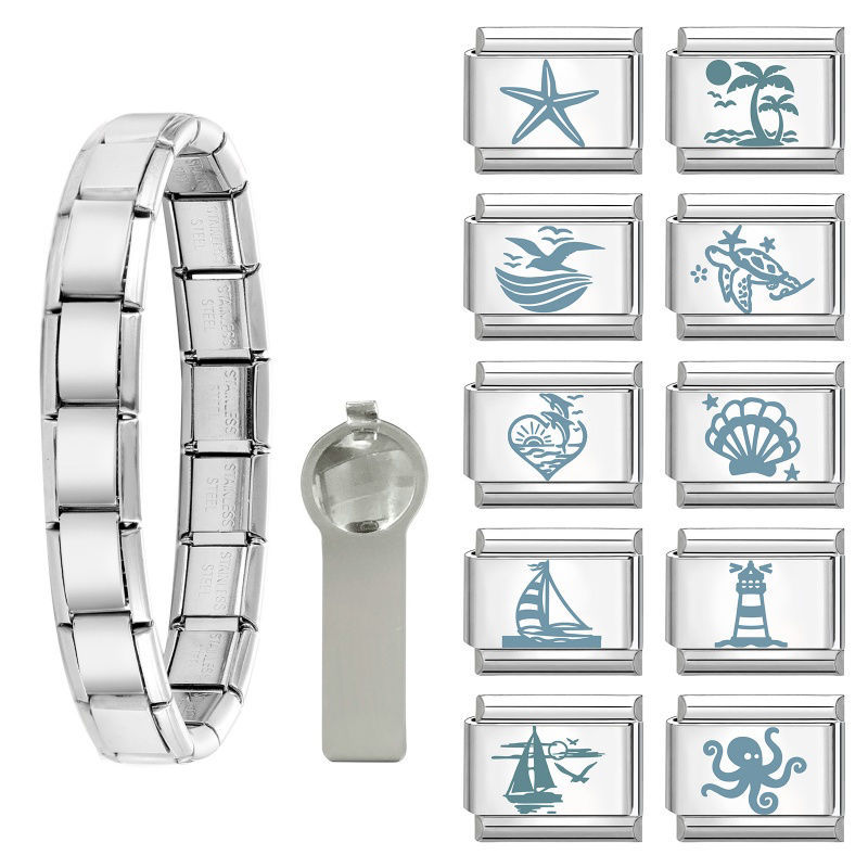 Picture of 1 Set 304 Stainless Steel Italian Charm Links For DIY Modular Bracelet Watch Jewelry Making Wholesale Silver Tone Light Blue Marine Animal 10mm x 9mm