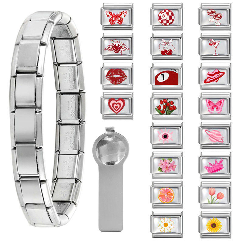 Picture of 1 Set 304 Stainless Steel Italian Charm Links For DIY Modular Bracelet Watch Jewelry Making Wholesale Silver Tone Red & Pink Flower Butterfly 10mm x 9mm