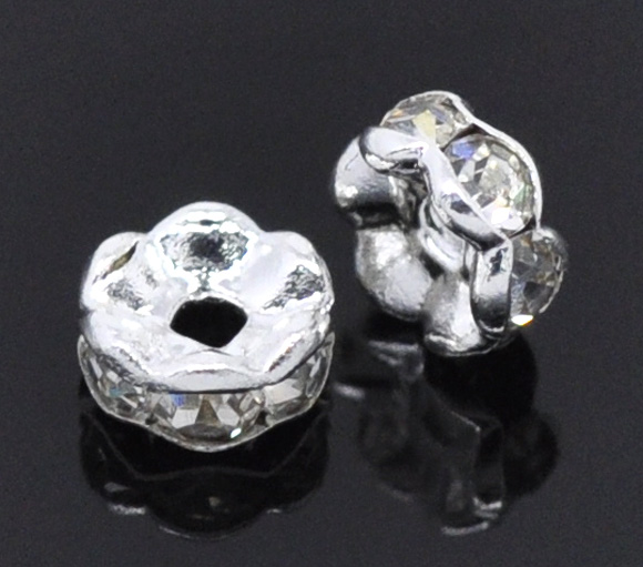 Picture of Brass Rondelle Spacer Beads Round Silver Plated Clear Rhinestone About 5mm( 2/8") Dia, Hole:Approx 1.2mm, 30 PCs