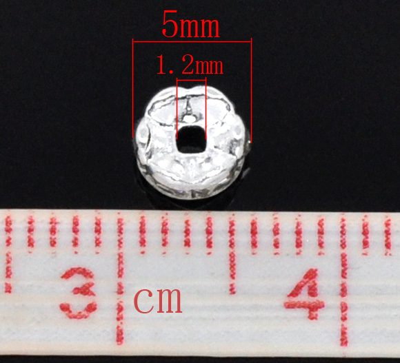 Picture of Brass Rondelle Spacer Beads Round Silver Plated Clear Rhinestone About 5mm( 2/8") Dia, Hole:Approx 1.2mm, 30 PCs