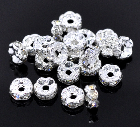 Picture of Brass Rondelle Spacer Beads Round Silver Plated Clear Rhinestone About 5mm( 2/8") Dia, Hole:Approx 1.2mm, 30 PCs