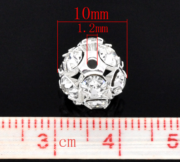 真鍮+ラインストーン スペーサ ビーズ ボール クリア色 銀メッキ ホワイトラインストーン 約10mm 直径、 　穴：約1.2mm、 10 PCs の画像