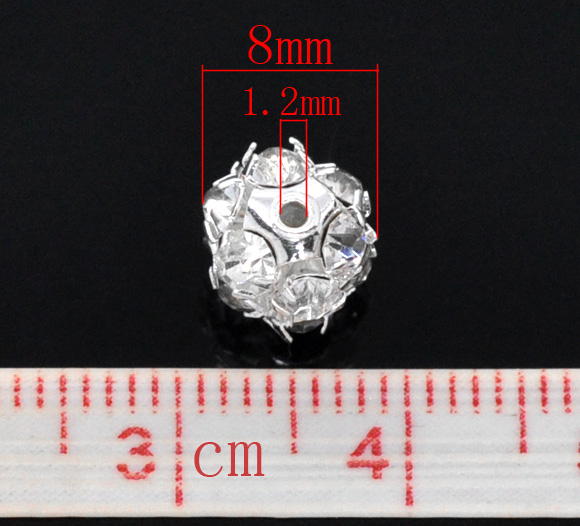 Imagen de Latón Cuentas Espaciador Bola Transparente , Chapado en plata Blanco Rhinestone 8mm Diámetro, Agujero: acerca de 1.2mm, 12 Unidades                                                                                                                           