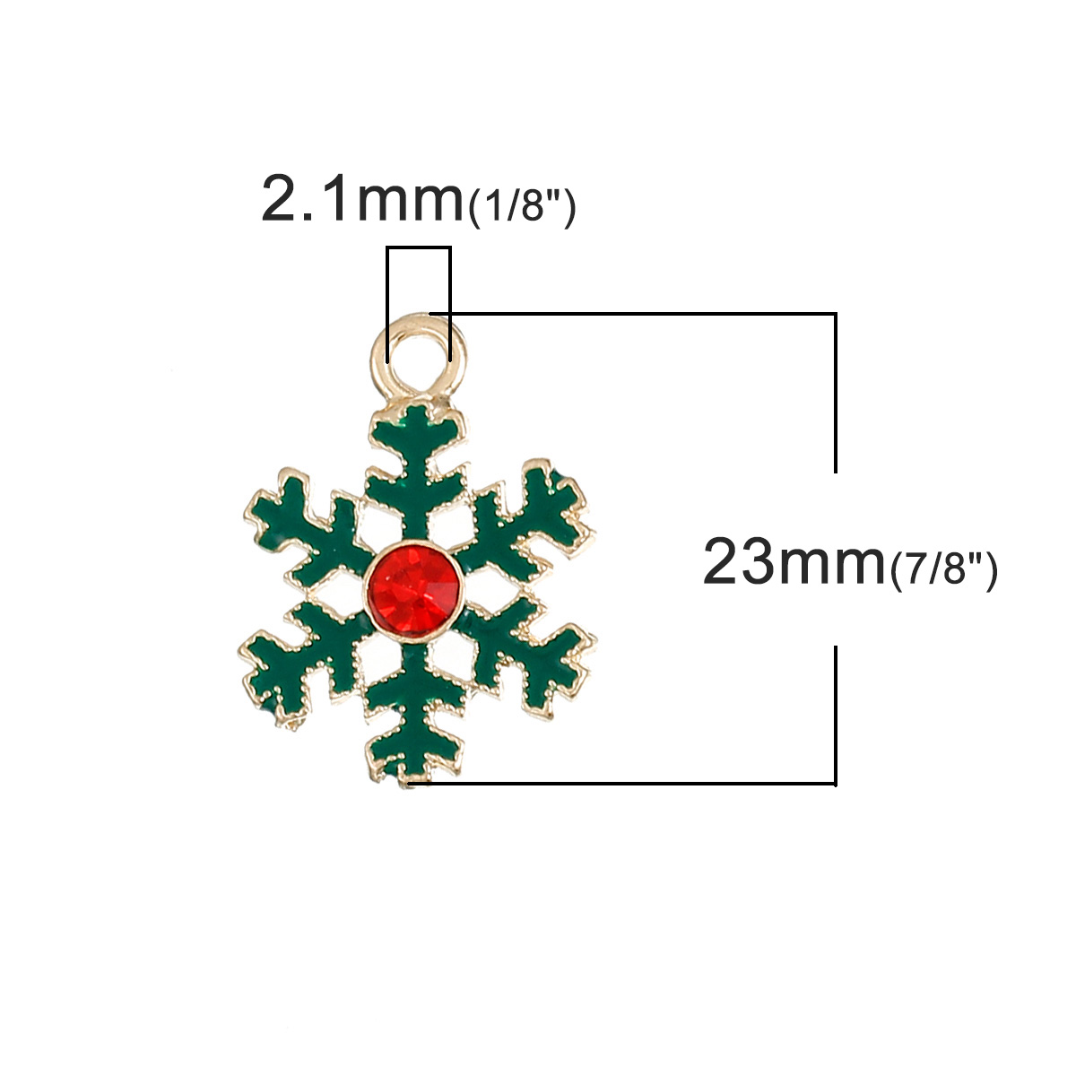 亜鉛合金 チャーム クリスマス・スノーフレーク 金メッキ 赤ラインストーン 緑 エナメル 23mmx 17mm、 5 個 の画像