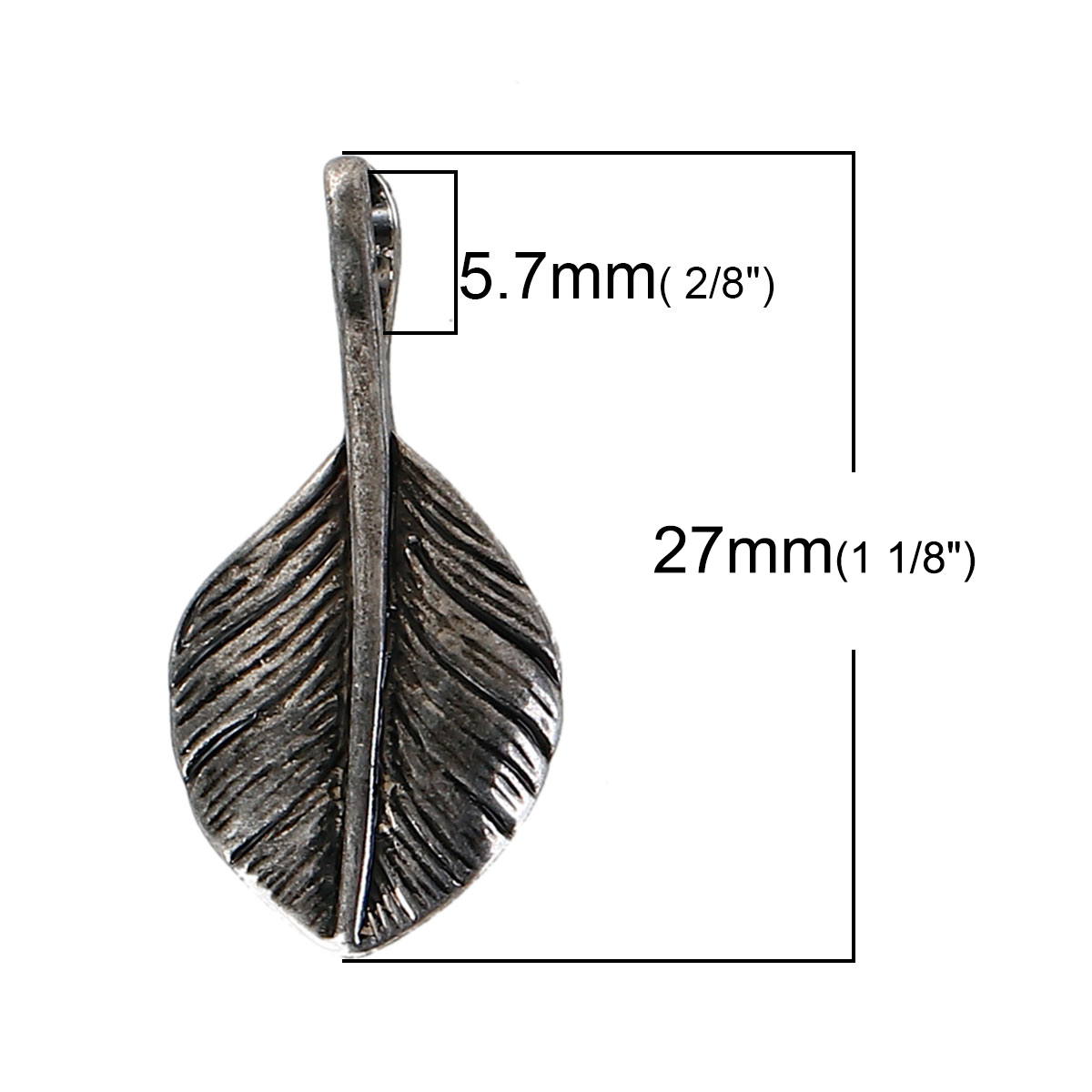 Picture of Brass Charms Feather Antique Silver Color 27mm(1 1/8") x 13mm( 4/8"), 2 PCs