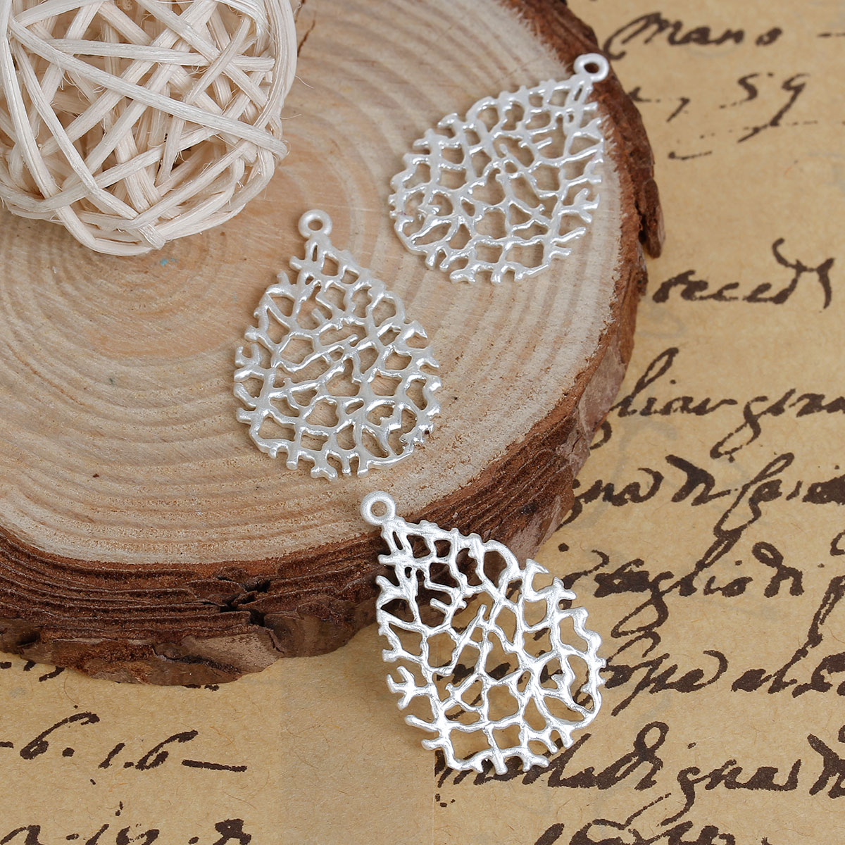 Picture of Brass Charms Drop Silver Plated Branch Hollow 28mm(1 1/8") x 18mm( 6/8"), 3 PCs