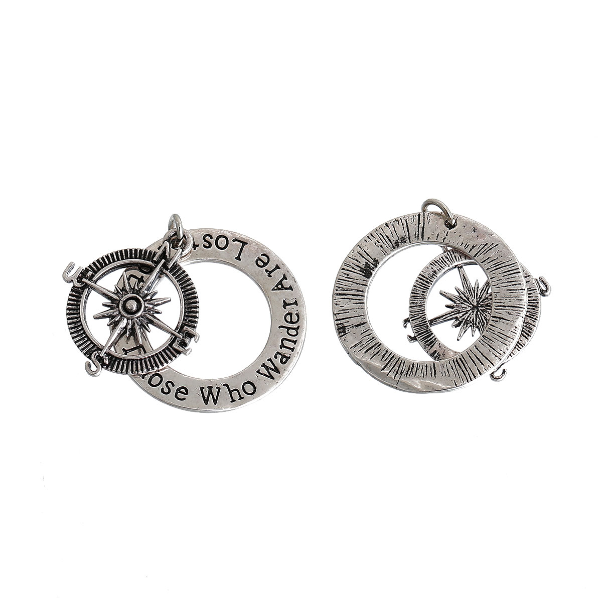 Picture of 20 PCs Brass Travel Pendants Antique Silver Color Compass Message " Not All Those Who Wander Are Lost " 31mm x 28mm