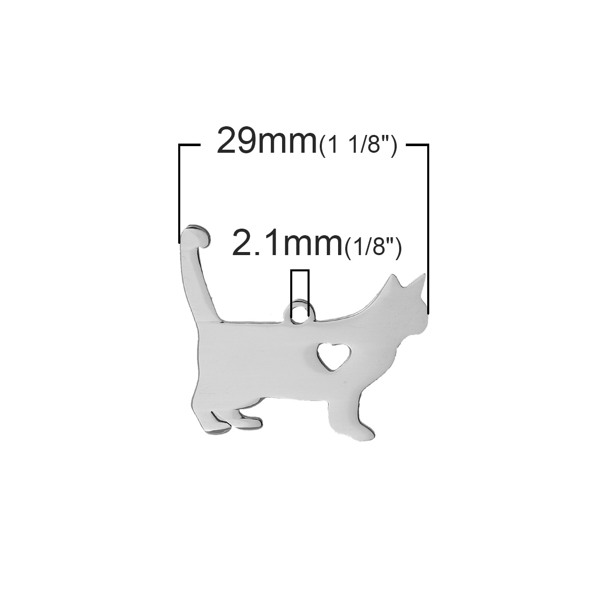 Bild von Haustier Silhouette 304 Edelstahl Charms Katze Silberfarben Herz 29mm x 25mm, 2 Stück