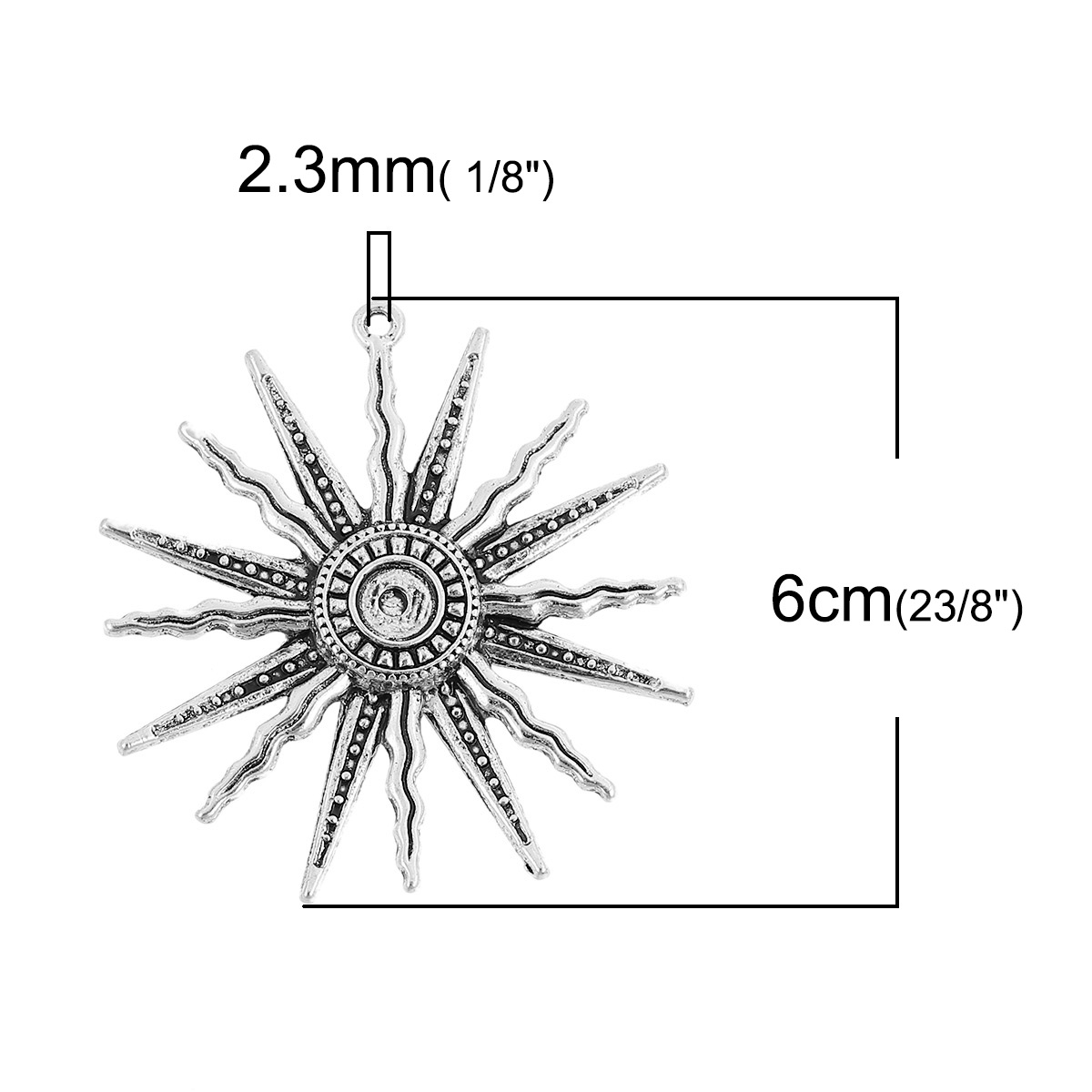 Immagine di Lega di Zinco Stile Bohemien Ciondoli Sole Argento Antico 60mm x 58mm , 3 Pz