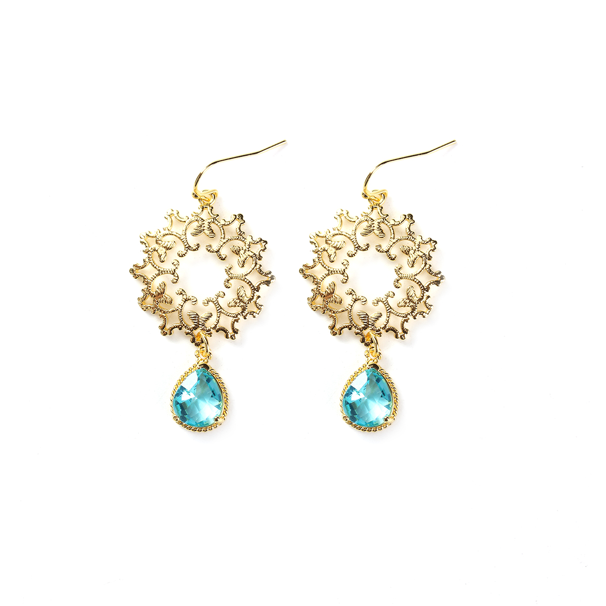 Immagine di Ottone Orecchino Oro Placcato Verde Blu Goccia Filigrana Sfaccettato 58mm x 27mm , Diametro Filo: (20 misura), 1 Paio