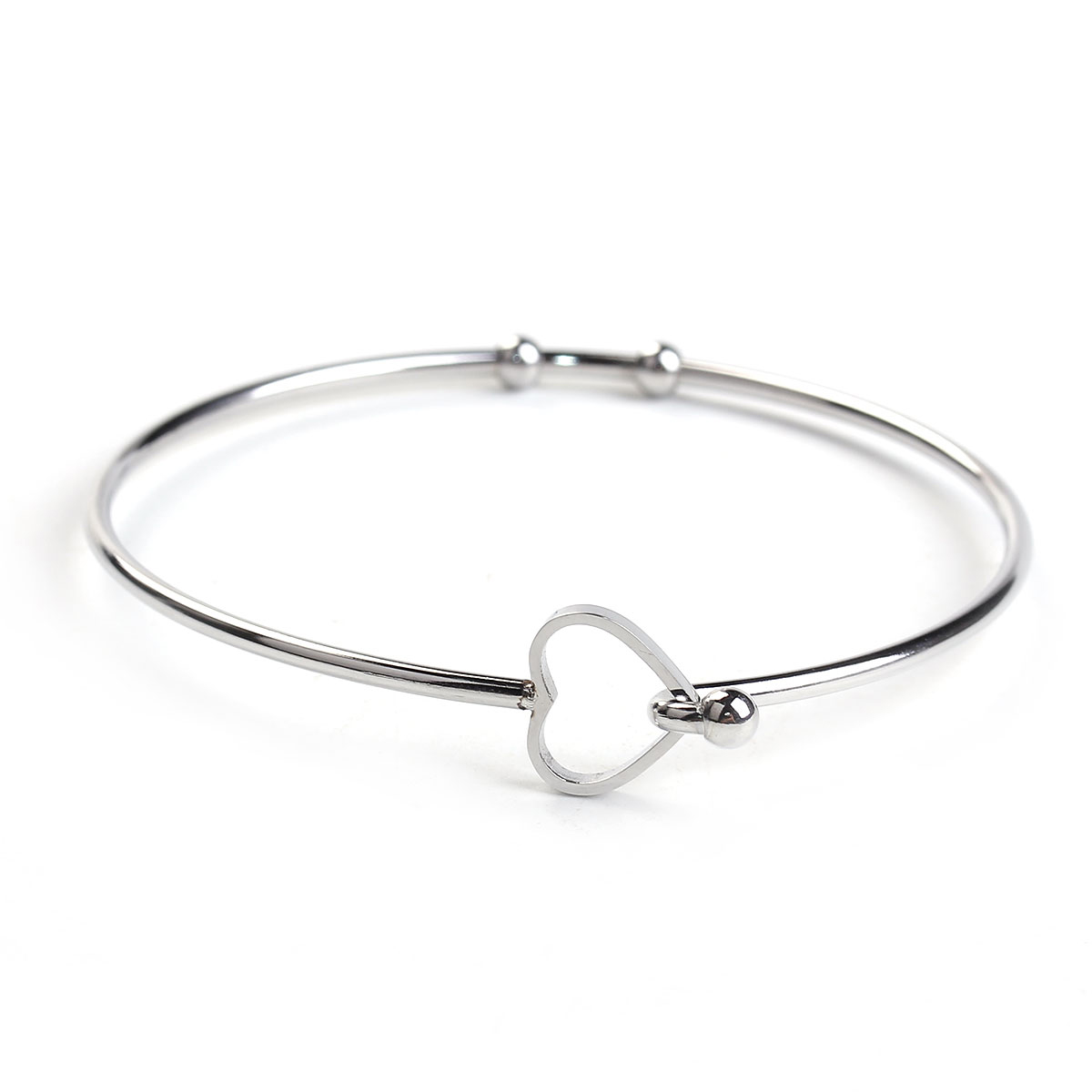 304ステンレス鋼 伸縮性ある バングル ブレスレット ハート シルバートーン オーペン可能　20.5cm 長さ、 1 個 の画像