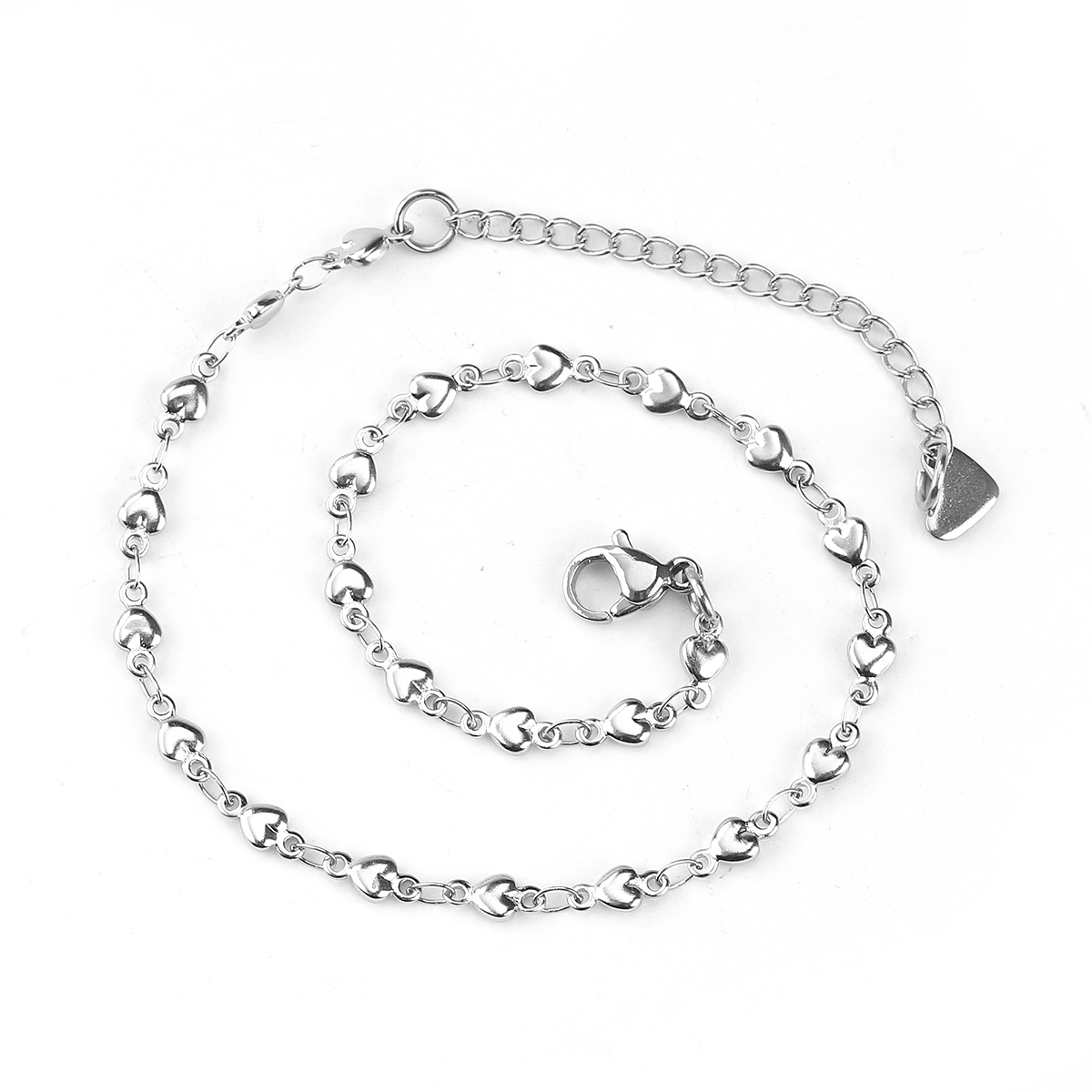 Picture of 304 Stainless Steel Anklets Heart Silver Tone 23cm(9") long, Chain Size: 7x4mm( 2/8" x 1/8"), 1 Piece