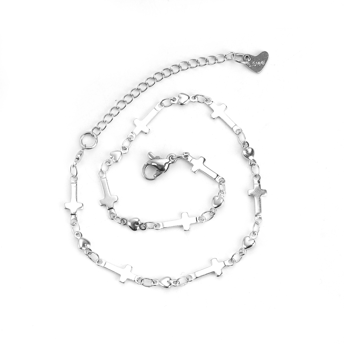 Picture of 304 Stainless Steel Link Chain Necklace Cross Heart Silver Tone 24cm(9 4/8") long, Chain Size: 7x4mm( 2/8" x 1/8"), 1 Piece